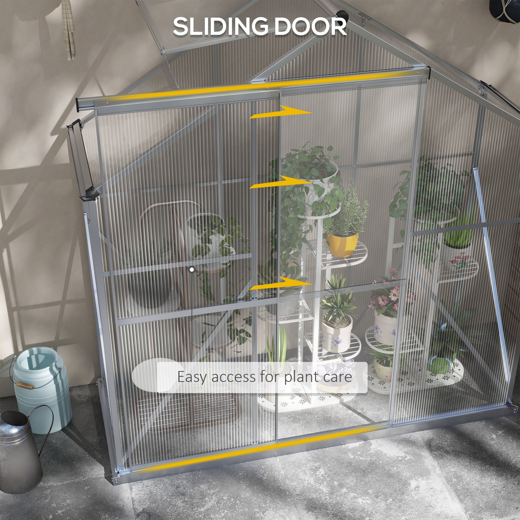 Outsunny 6 x 2.5ft Polycarbonate Greenhouse Walk-In Green House with Rain Gutter, Sliding Door, Window, Foundation, Silver - North Peak Garden Furniture