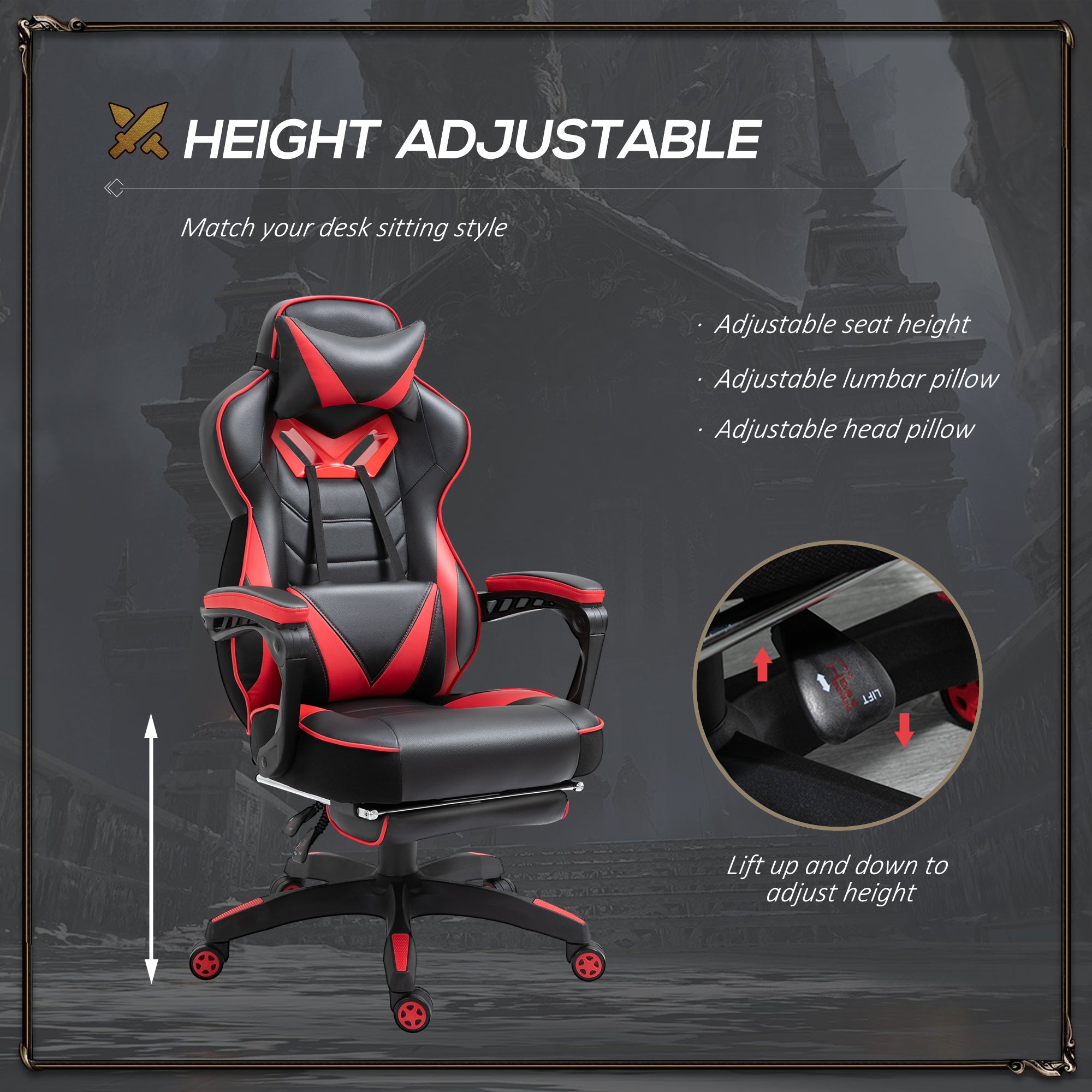 Vinsetto Computer Gaming Chair, Racing Desk Chair with Lumbar Support and Footrest, PU Leather Gamer Chair with Headrest and Swivel Wheels for Home, Red - North Peak Garden Furniture