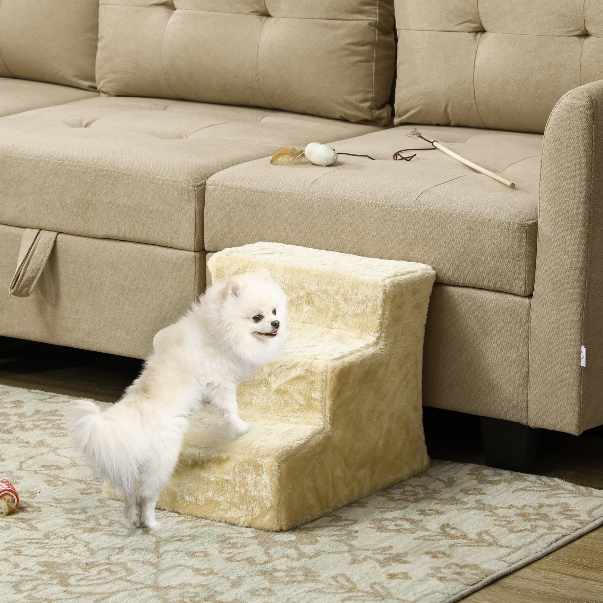 PawHut Three-Step Dog Stairs, with Washable Plush Cover, for High Bed Sofa, Dog Stairs for Small Dog and Cat - Beige - North Peak Garden Furniture