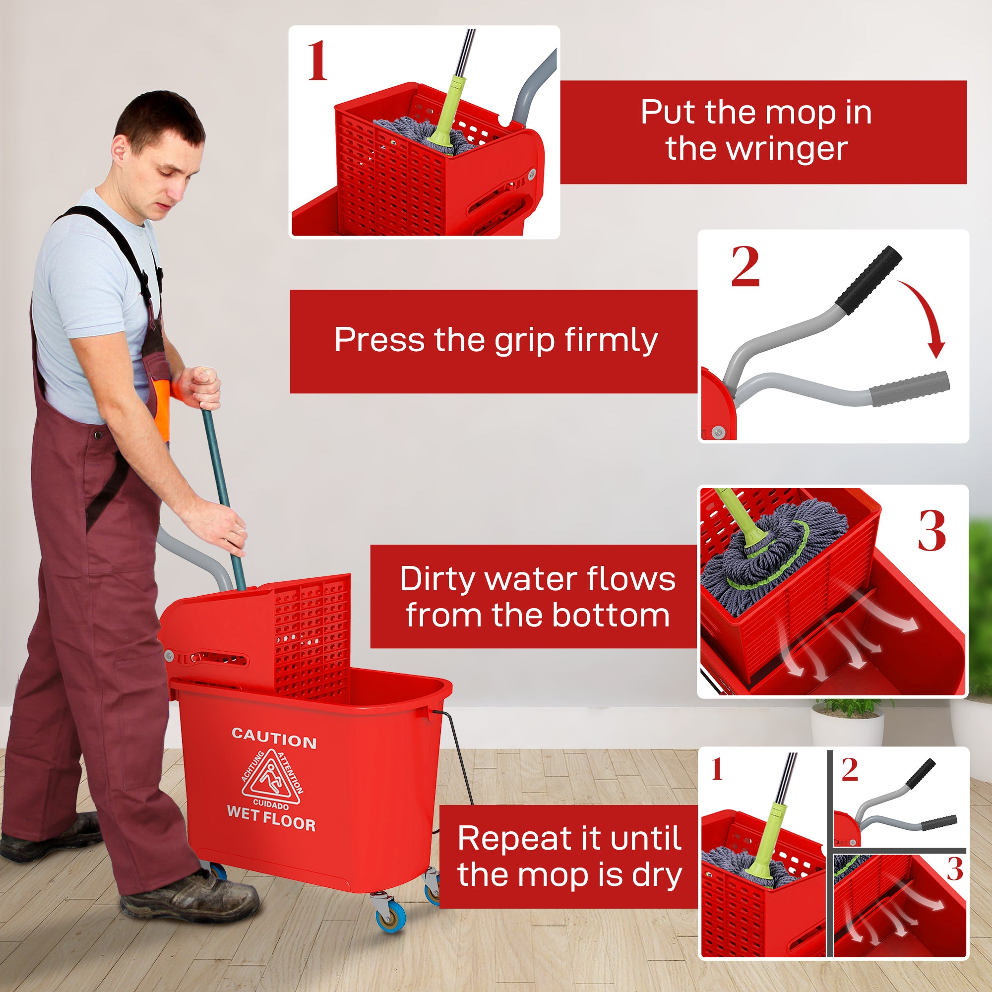 HOMCOM 20L Mop Bucket on Wheels, with Water Separation Panel - Red - North Peak Garden Furniture