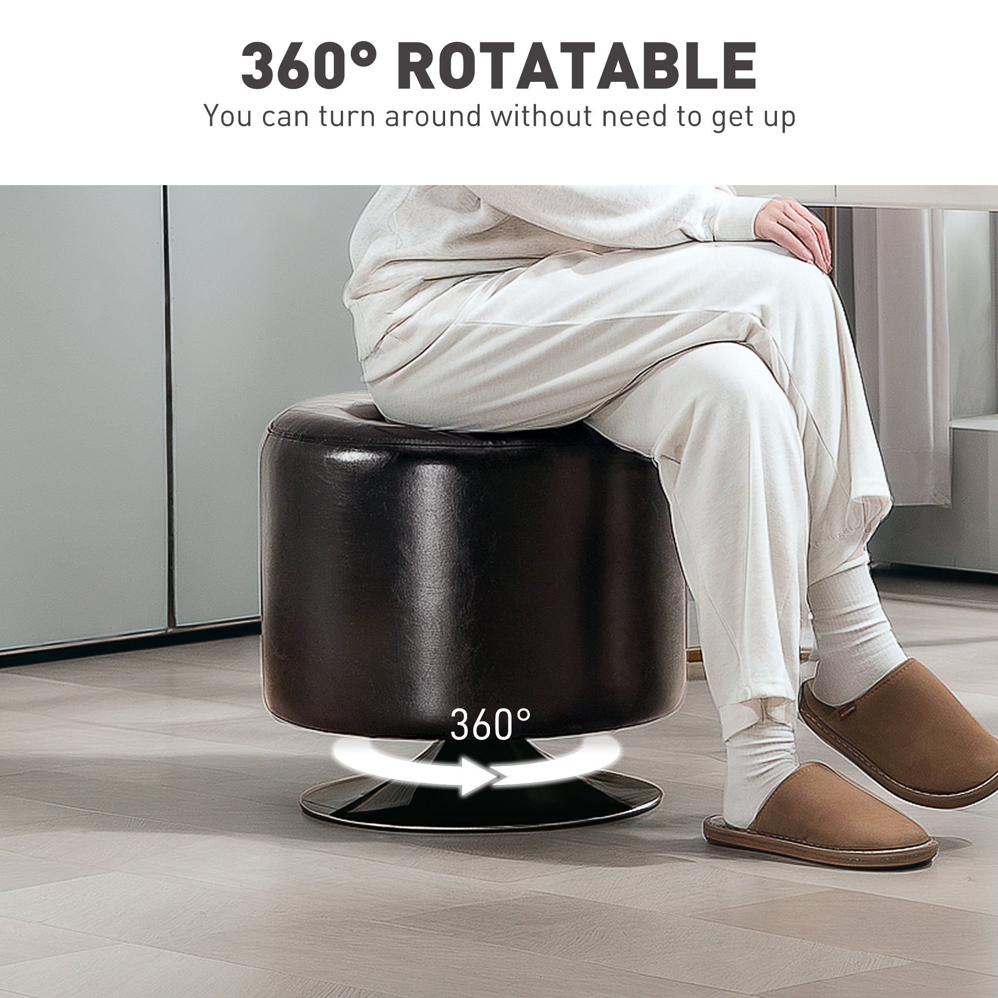 HOMCOM 360° Swivel Foot Stool Round PU Footstool with Thick Sponge Padding and Solid Steel Base, Brown - North Peak Garden Furniture