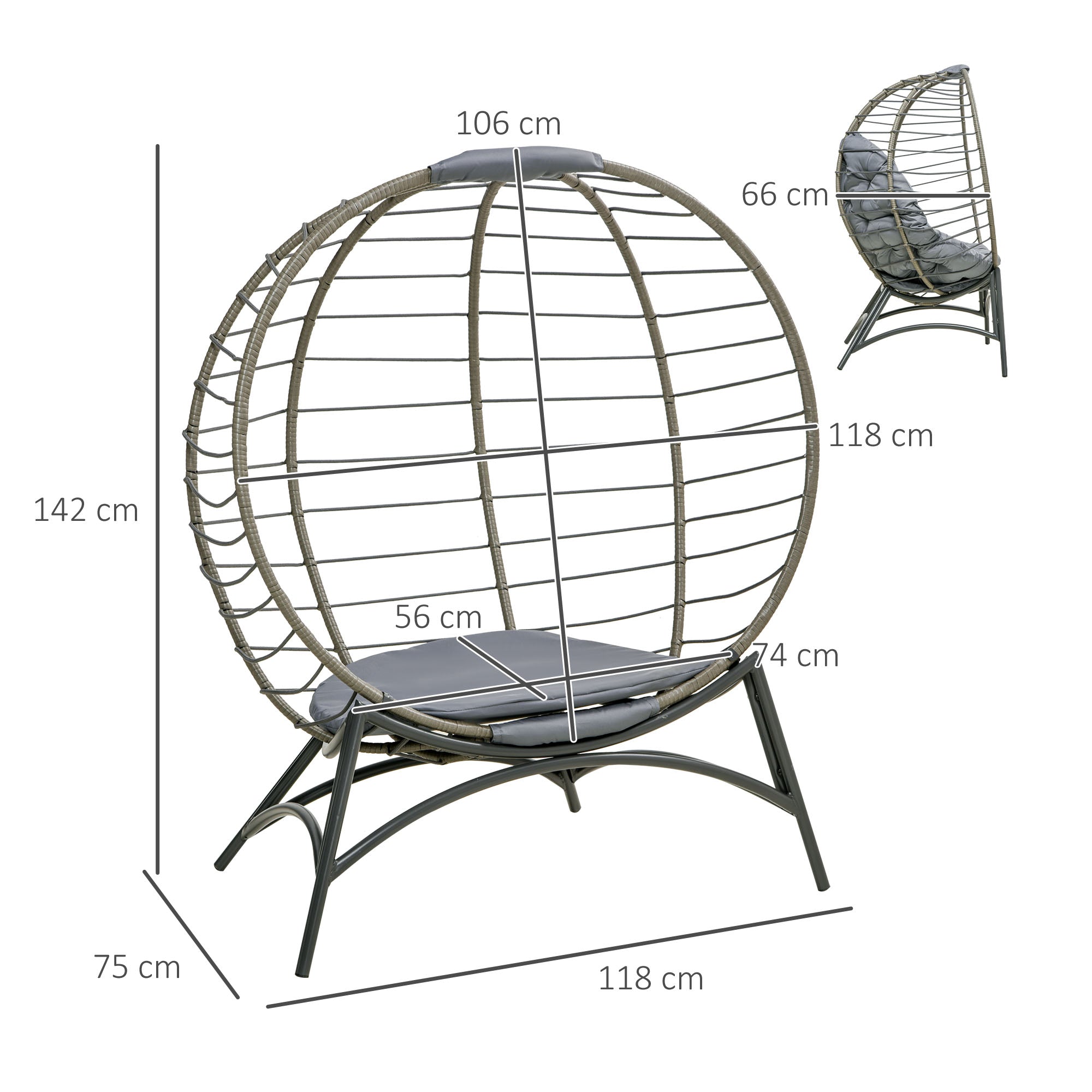 Outsunny Folding Rattan Egg Chair, Freestanding Basket Chair with Cushion, Bottle Holder Bag for Outdoor or Indoor, Grey