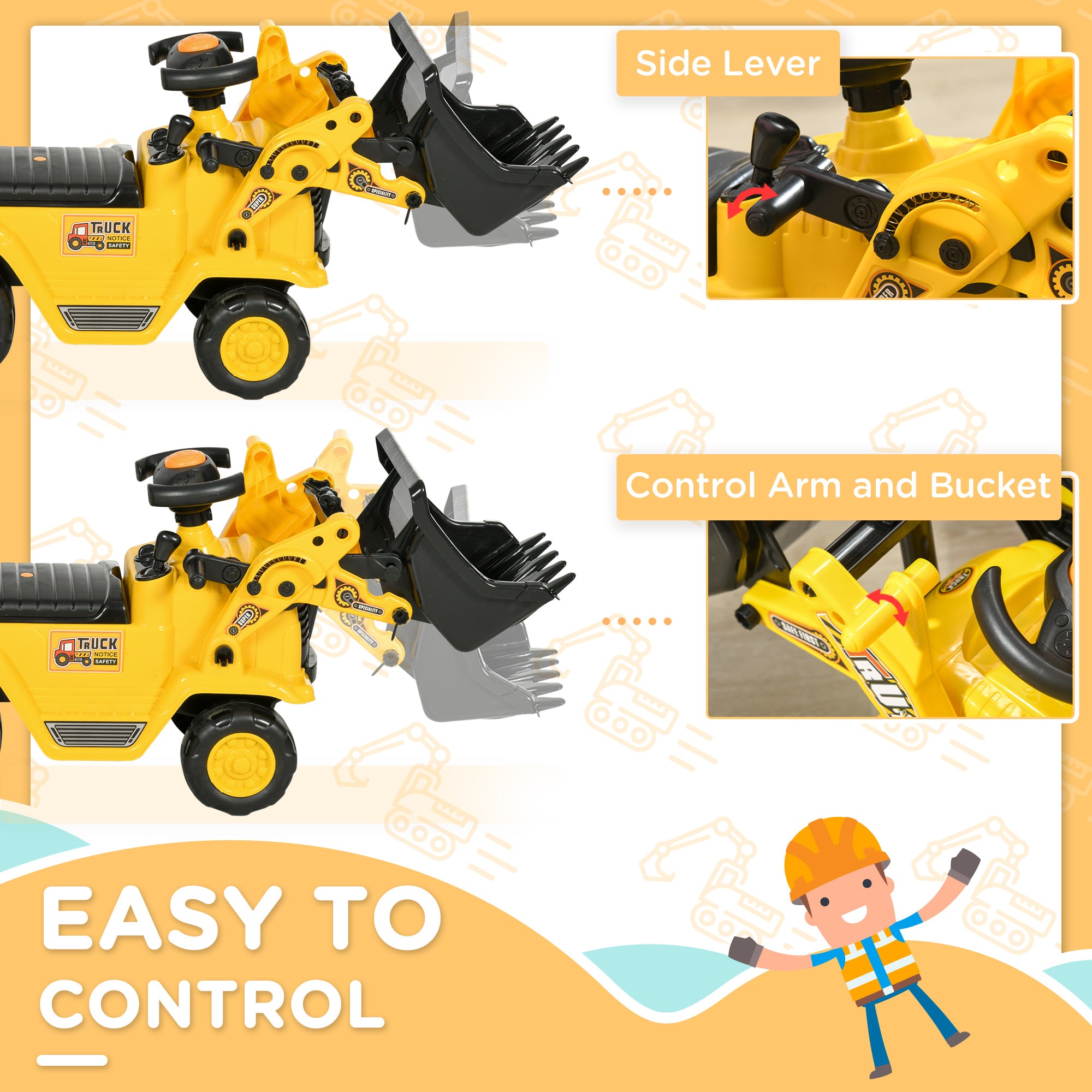 HOMCOM NO POWER 3 in 1 Ride On Toy Bulldozer Toddler Digger Excavator Scooter Storage Cart Toilet Pretend Play Construction Truck - North Peak Garden Furniture