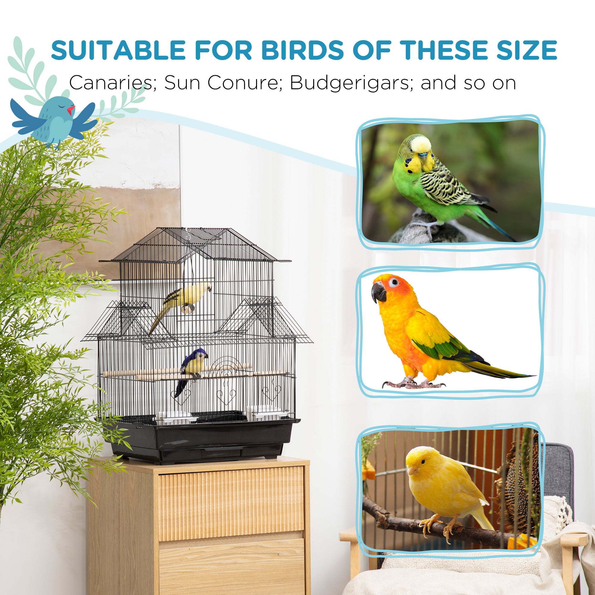 PawHut Metal Bird Cage with Plastic Swing Perch Food Container Tray Handle for Finch Canary Budgie 50.5 x 40 x 63cm Black - North Peak Garden Furniture