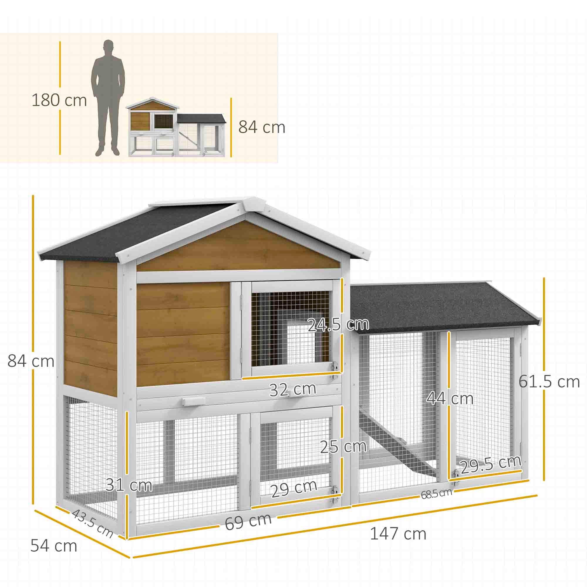 PawHut Wooden Rabbit Hutch Outdoor, Double Tier with Water-Resistant Roof, Ramp 147 x 54 x 84 cm, Yellow