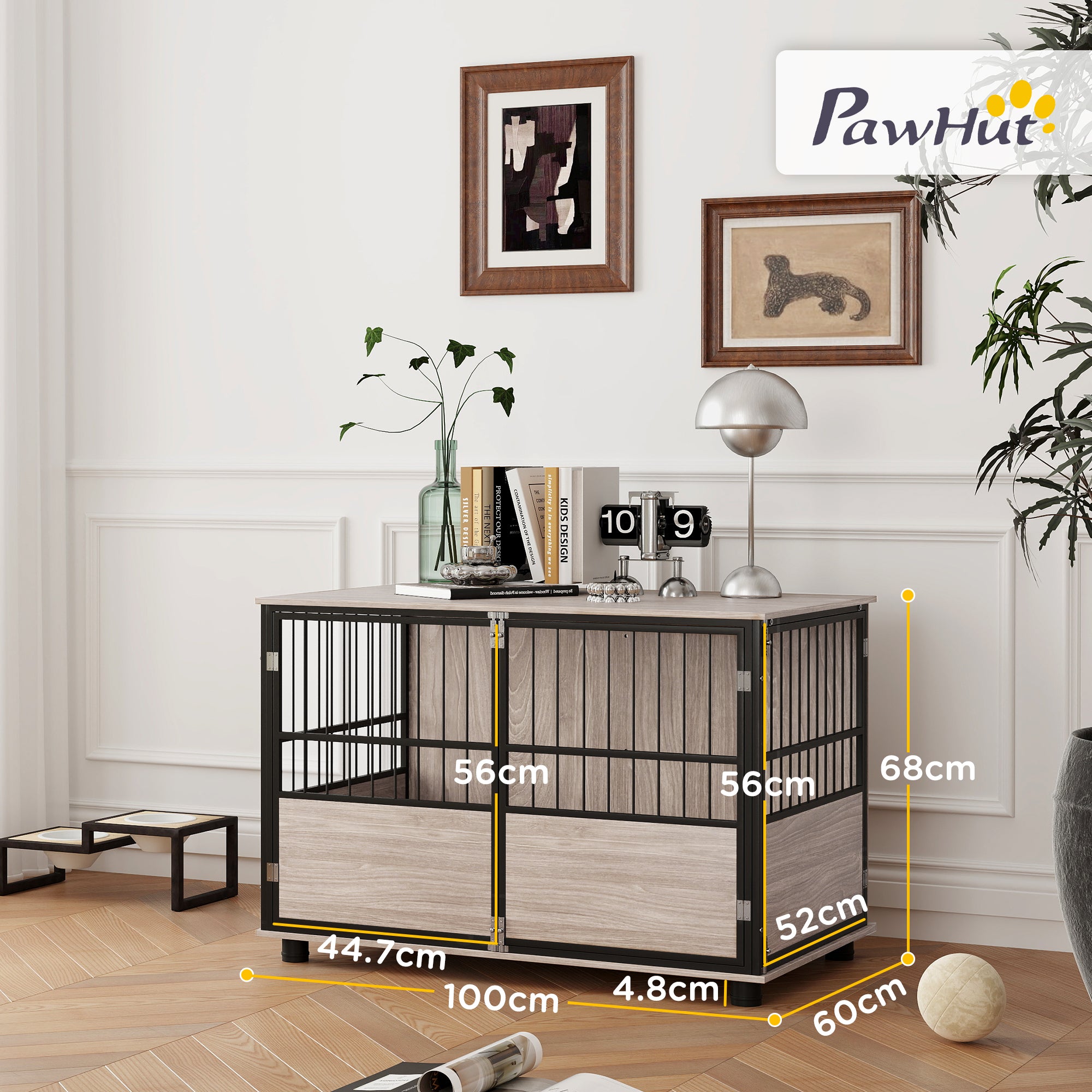 PawHut 100cm Furniture Style Dog Crate Dog Cage End Table Indoor with 3 Doors Soft Washable Cushion, for Large Sized Dogs - North Peak Garden Furniture