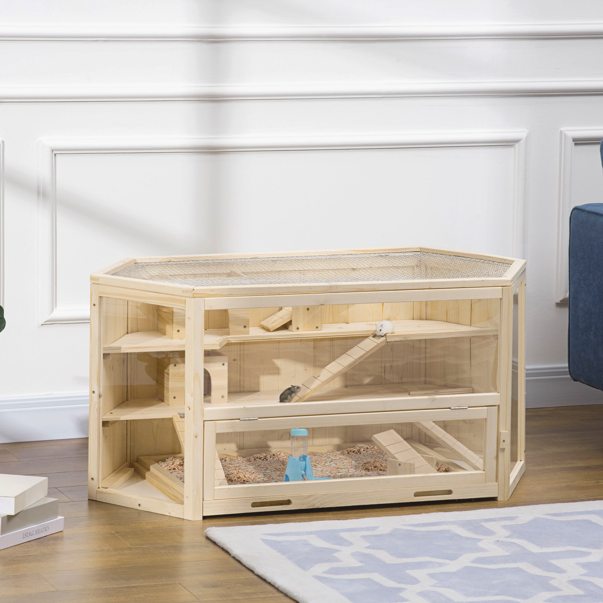 PawHut Wooden Large Hamster Cage Small Animal Exercise Play House 3 Tier with Sliding Tray, Seesaws, Water Bottle, Natural - North Peak Garden Furniture