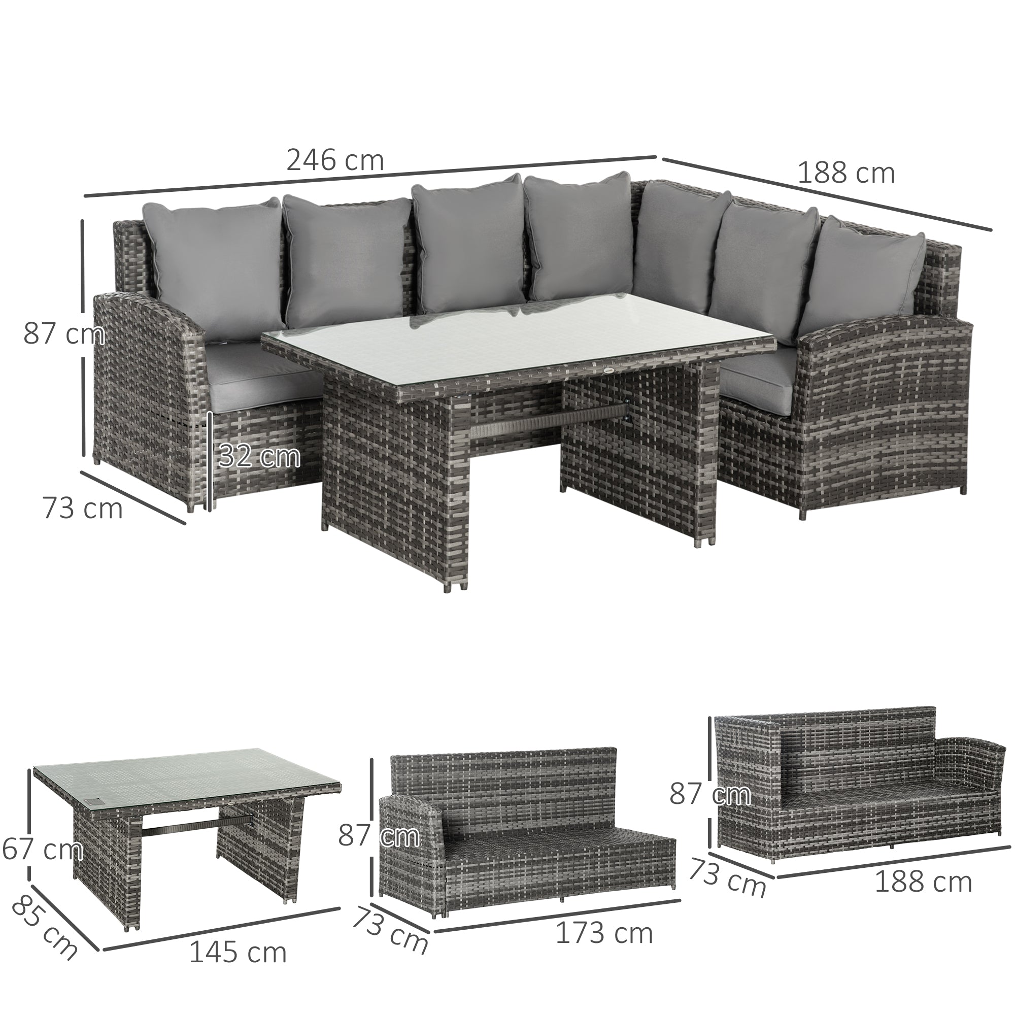 Outsunny 6-Seater PE Rattan Corner Dining Set Outdoor Garden Patio Sofa Table Furniture Set w/ Cushions, Grey | Aosom UK