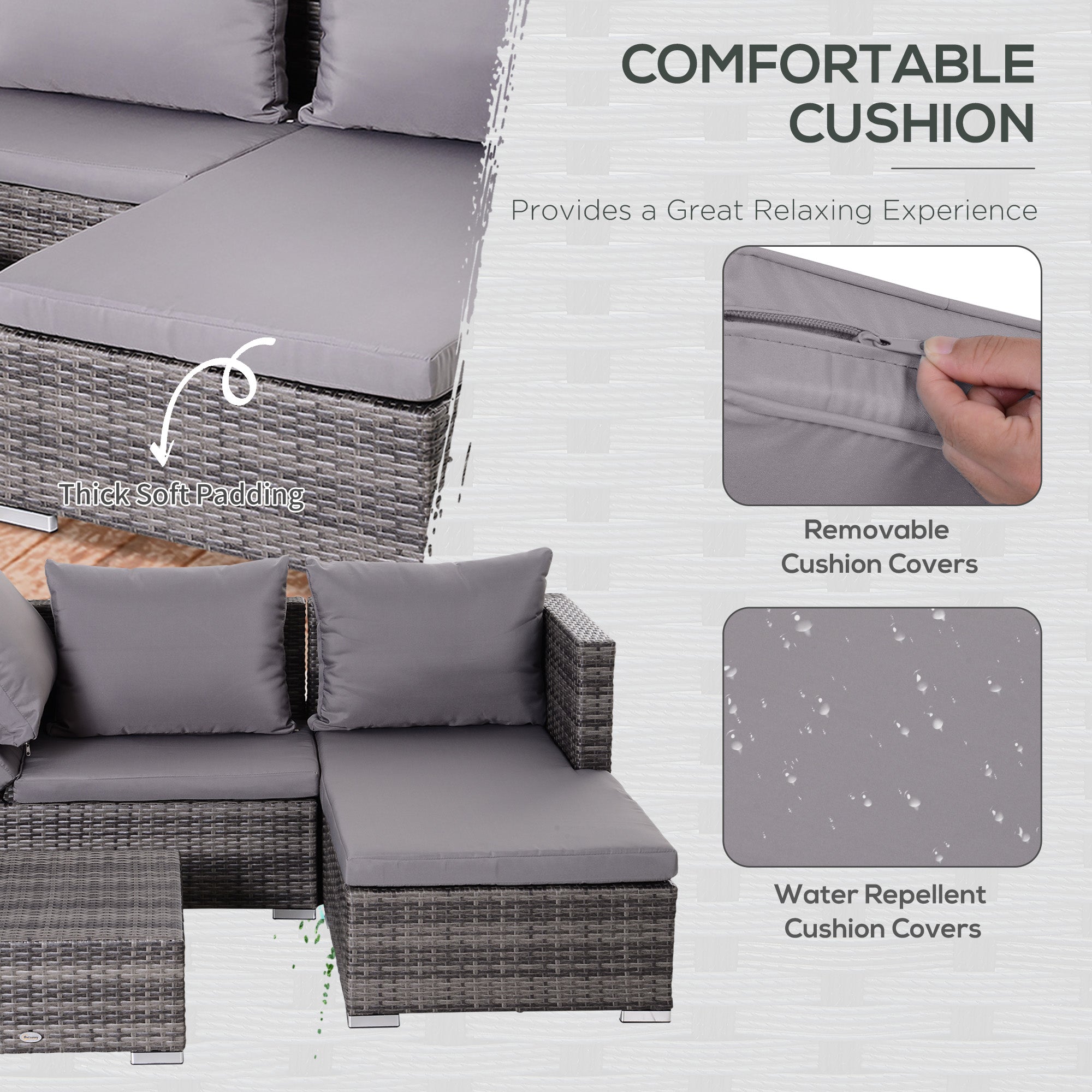 Outsunny 3PC Rattan Garden Furniture Storage Sofa Set 4 Seater Wicker Coffee Table Conservatory Sun Lounger Reclining Set Outdoor Weave with Cushion Grey - North Peak Garden Furniture