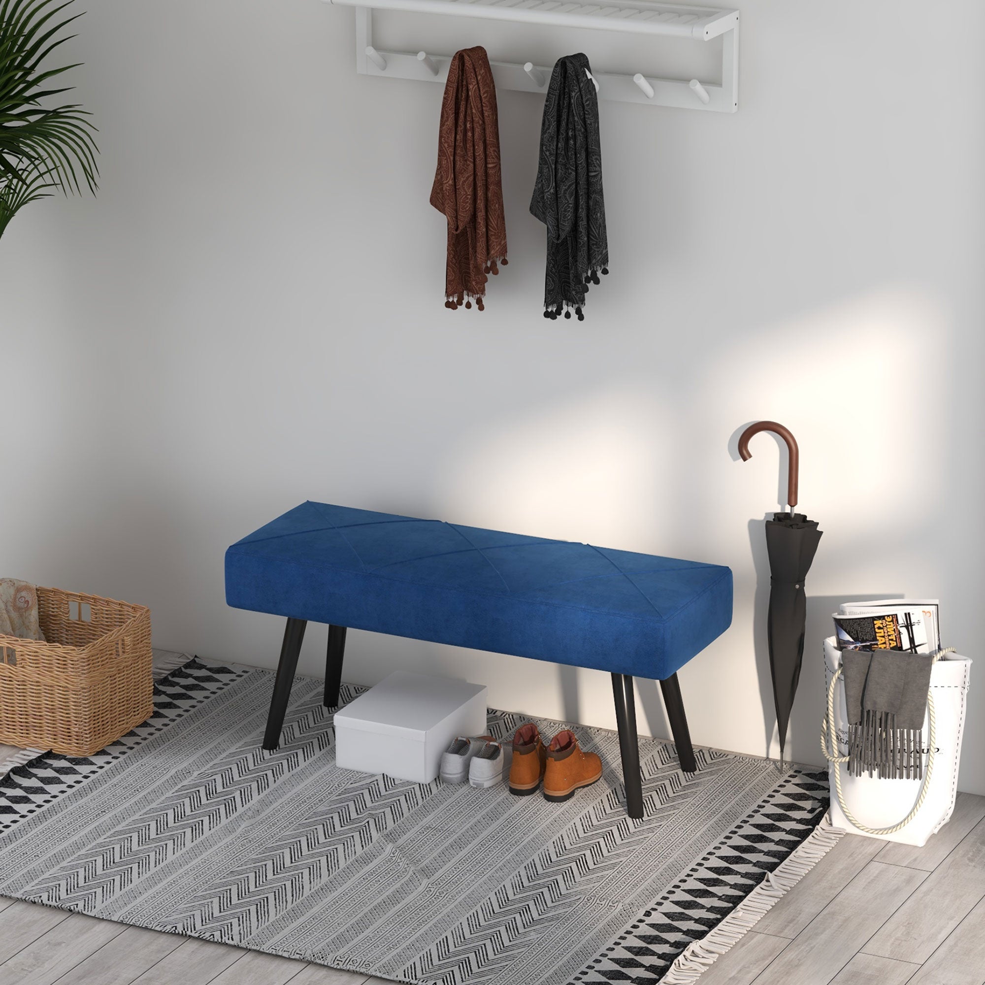 HOMCOM End of Bed Bench with X-Shape Design and Steel Legs, Upholstered Hallway Bench for Bedroom, Blue - North Peak Garden Furniture