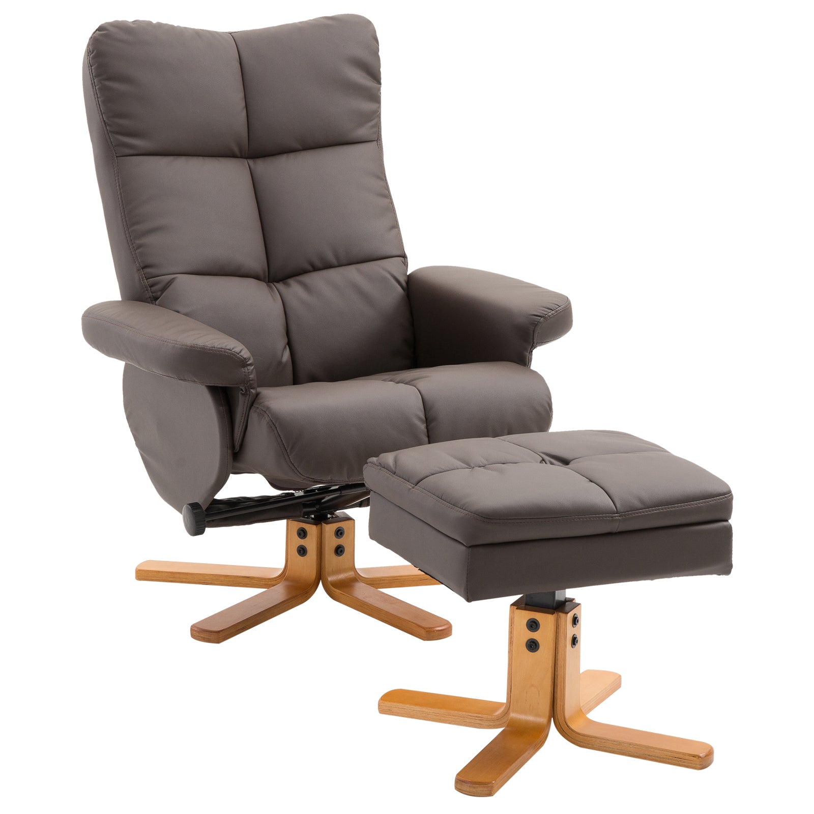 HOMCOM Recliner Armchair, Swivel Reclining Chair With Ottoman, Swivel Faux Leather Chair with Wooden Base and Storage Footstool for Living Room, Brown - North Peak Garden Furniture
