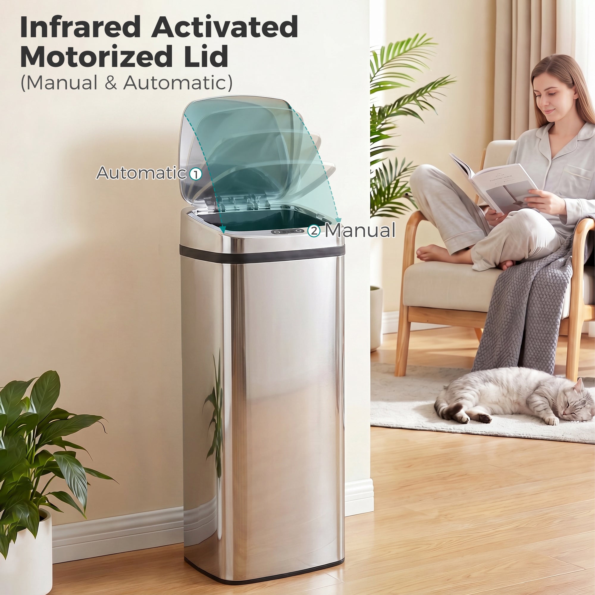 HOMCOM 50L Infrared Touchless Automatic Motion Sensor Dustbin Stainless Steel Trash Can Home Office