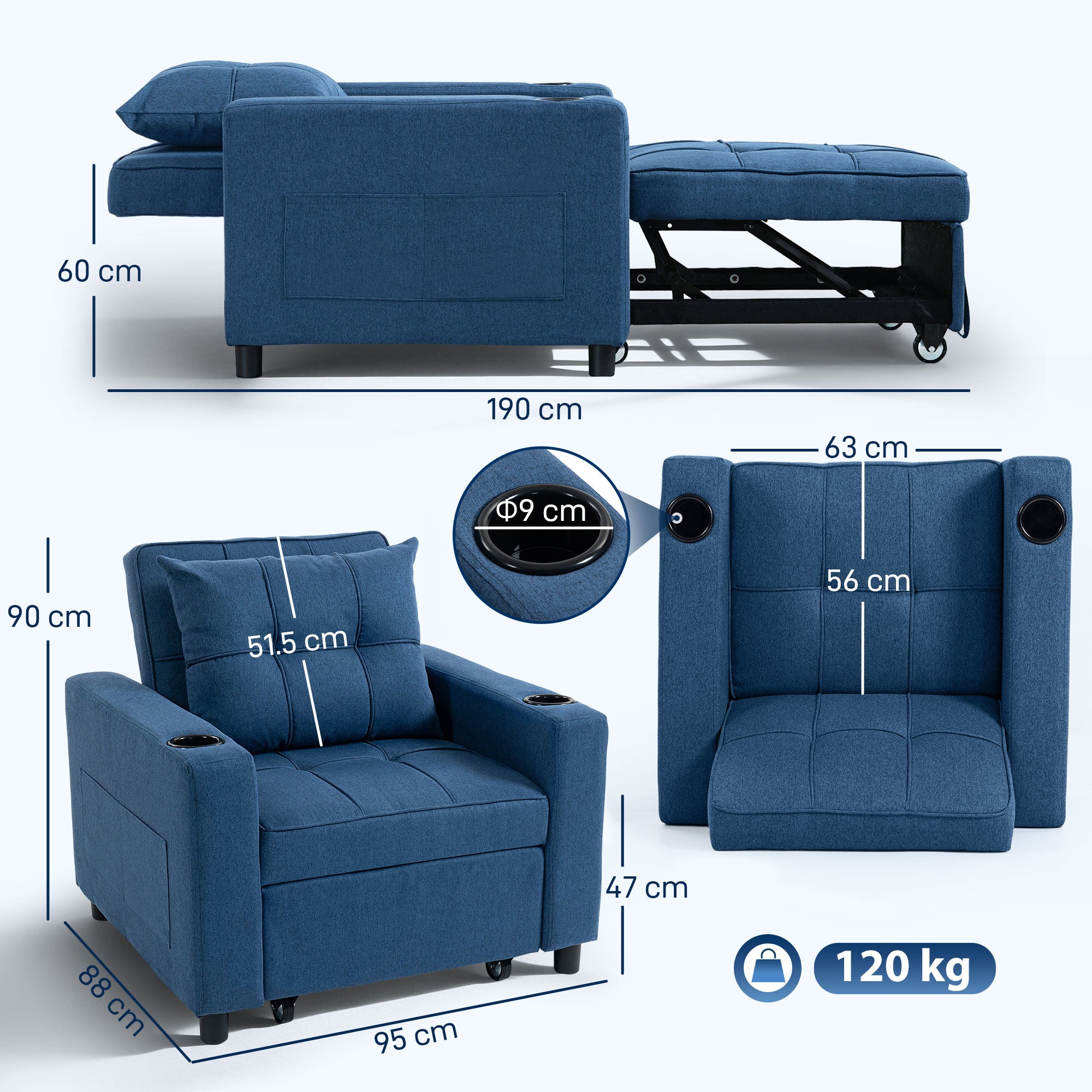 HOMCOM 3-in-1 Single Sofa Bed, Convertible Sleeper Chair Bed - Dark Blue