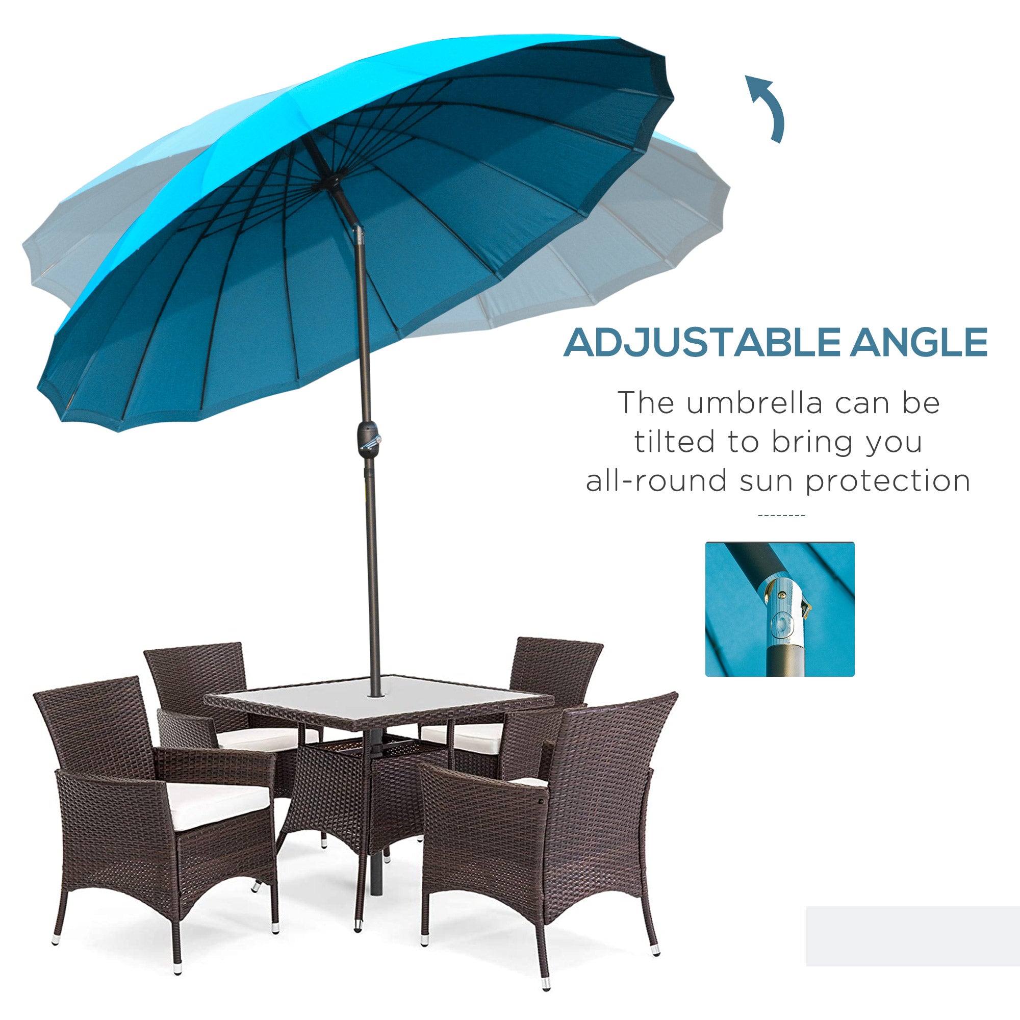 Outsunny Push-Tilt Garden Parasol: 2.55m Crank Umbrella with Ribs, Blue