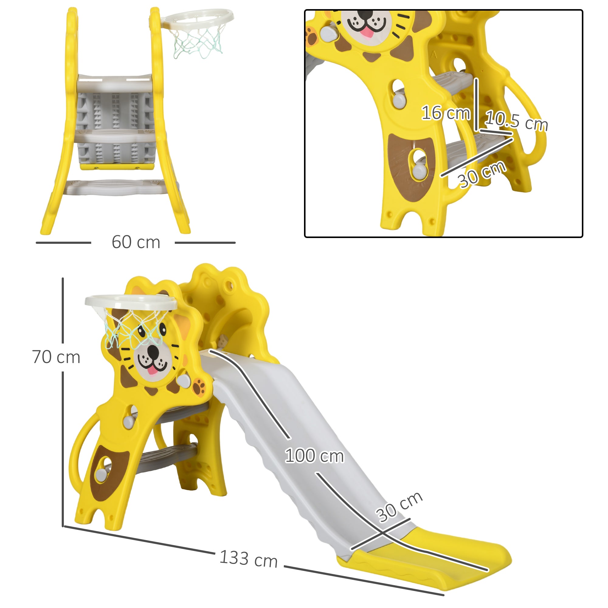 AIYAPLAY Baby Slide with Basketball Hoop, Easy to Assemble Kids Slide for Indoor Use, for Ages 18-36 Months - Yellow - North Peak Garden Furniture