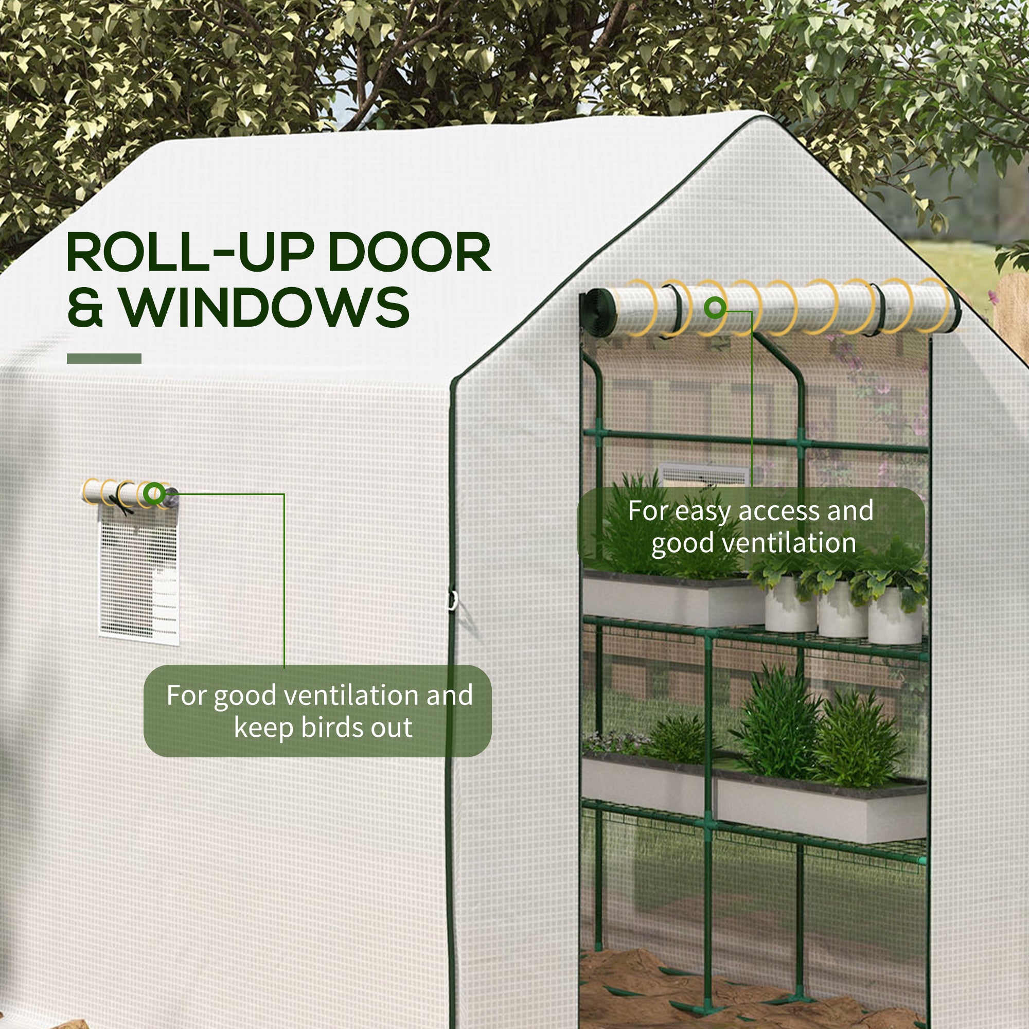 Outsunny Walk-in Greenhouse with 3 Tier Shelves, Outdoor Green House Garden Grow House with Reinforced PE Cover, Roll-up Door and Mesh Windows, 140 x 213 x 190cm, White - North Peak Garden Furniture