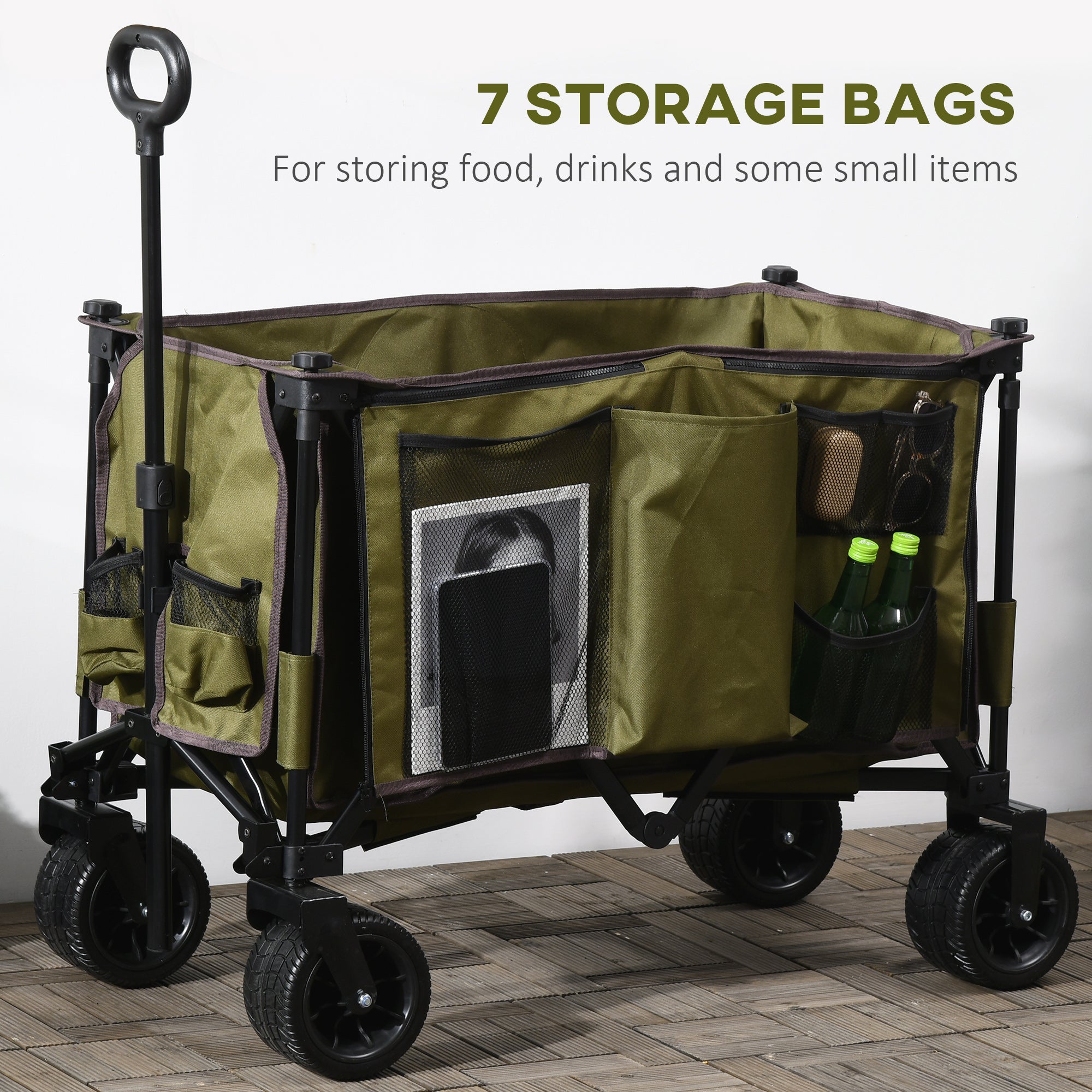 Outsunny Folding Garden Trolley, Cargo Traile on Wheels, Collapsible Camping Trolley, Outdoor Utility Wagon with Steel Frame and Oxford Fabric, Green - North Peak Garden Furniture