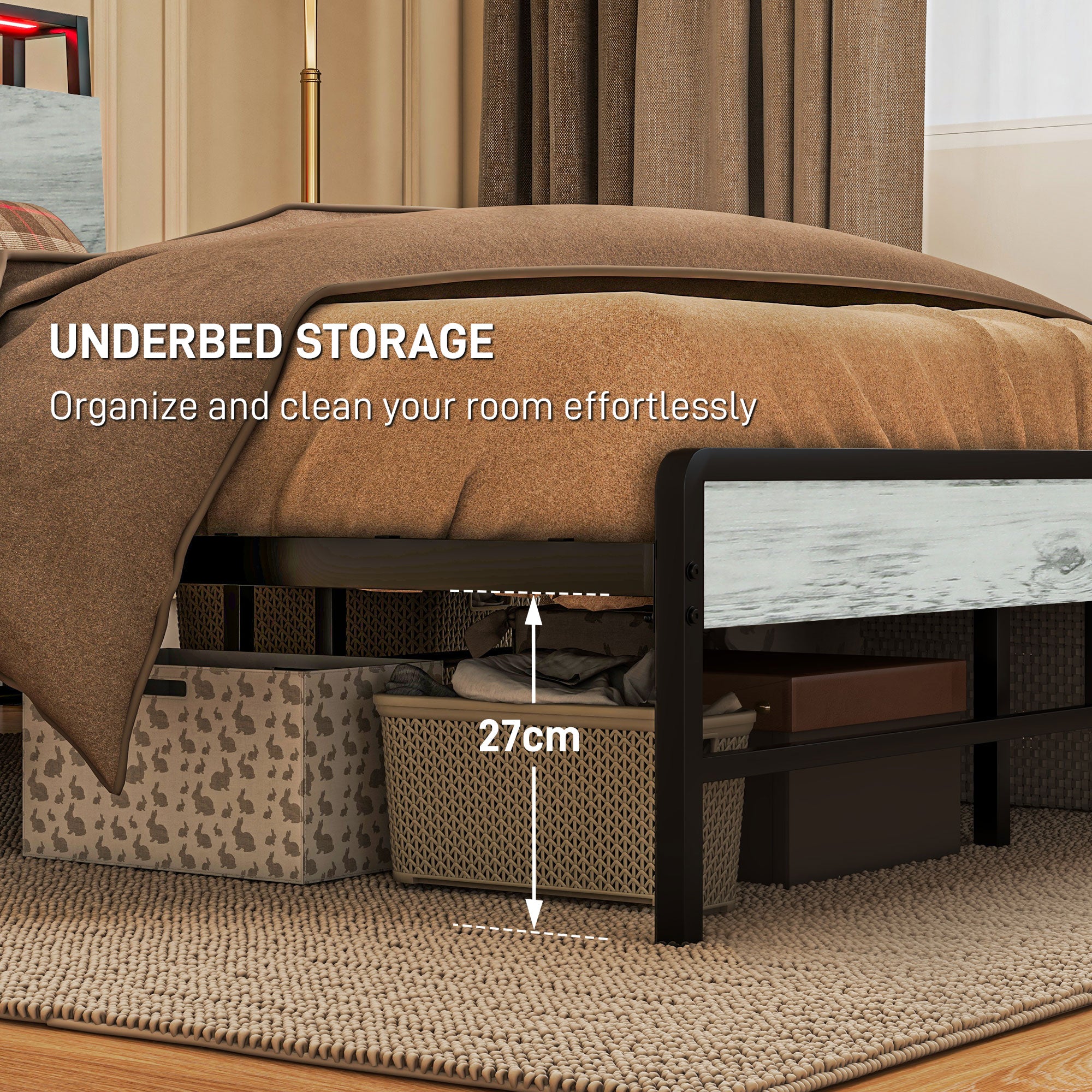 HOMCOM King Steel Bed Frame, with LED Lights and Headboard Shelf - Grey - North Peak Garden Furniture