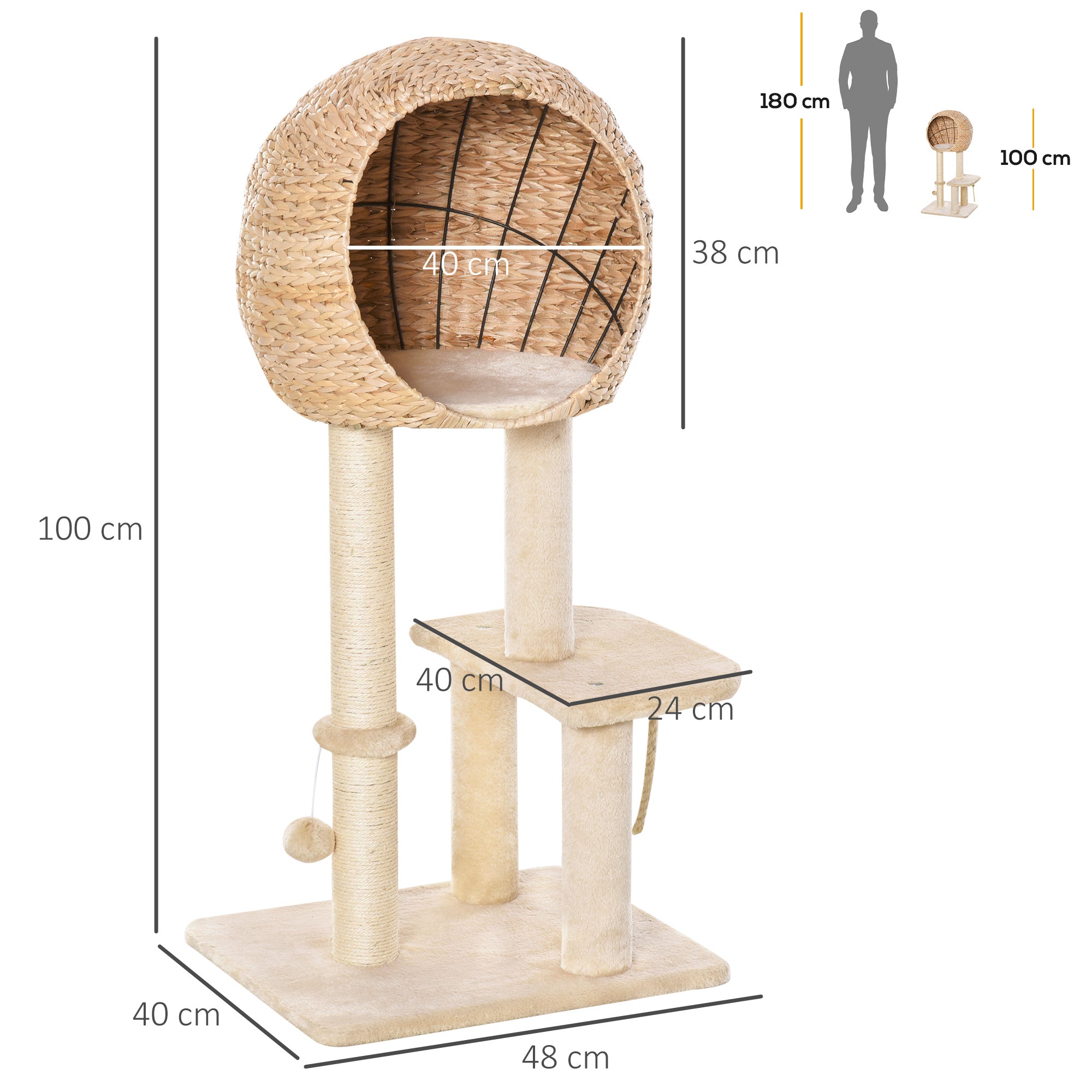 PawHut Cat Tree for Indoor Cats 100cm Kitten Climbing Tower Activity Center with Sisal Scratching Post Condo Perch Hanging Balls Teasing Rope Toy Cushion