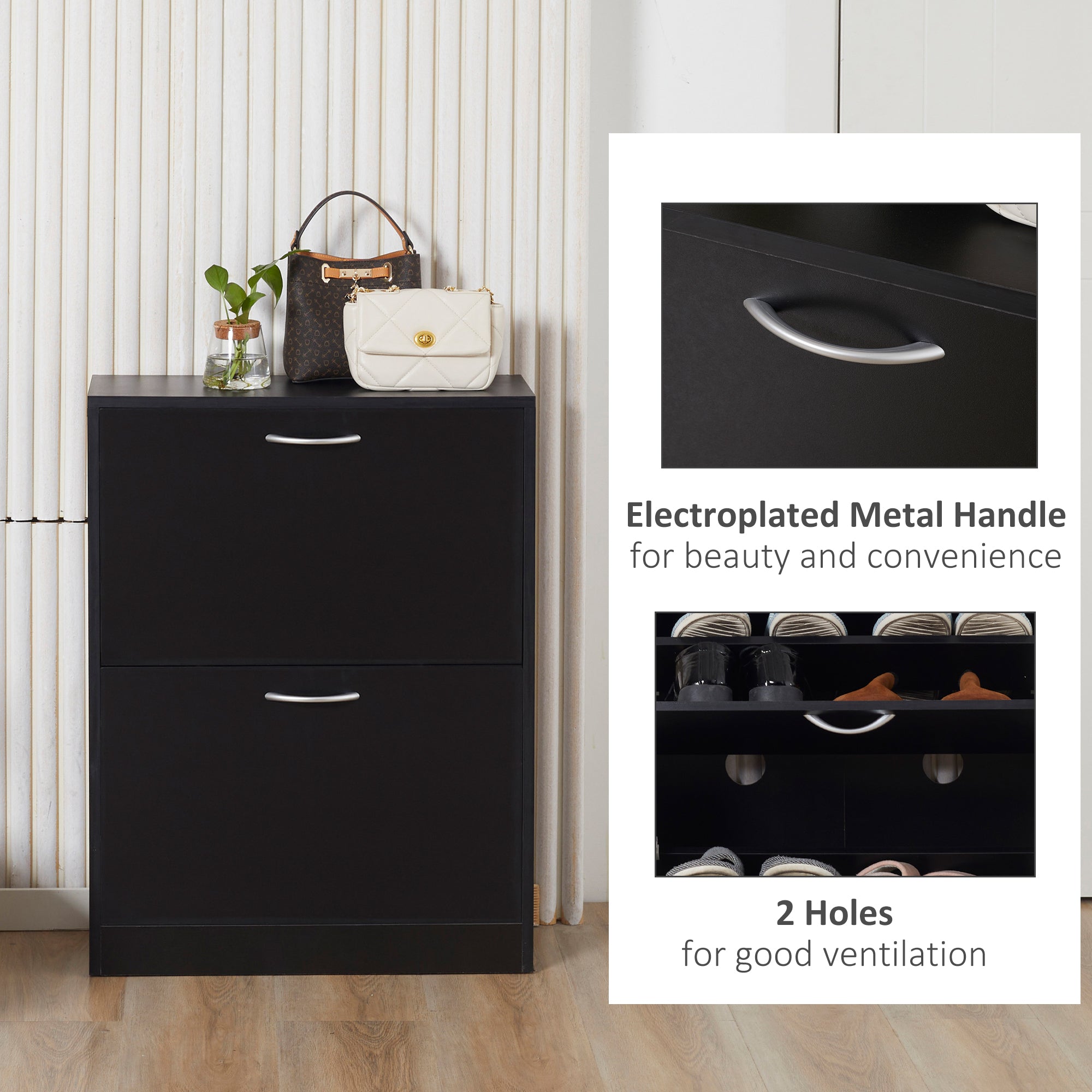 HOMCOM 2 Drawer Shoe Cabinet, Narrow Shoe Storage Cabinet with Flip Doors and Adjustable Shelves, Slim Shoe Cupboard for 12 Pairs of Shoes for Entryway, Hallway, Black - North Peak Garden Furniture