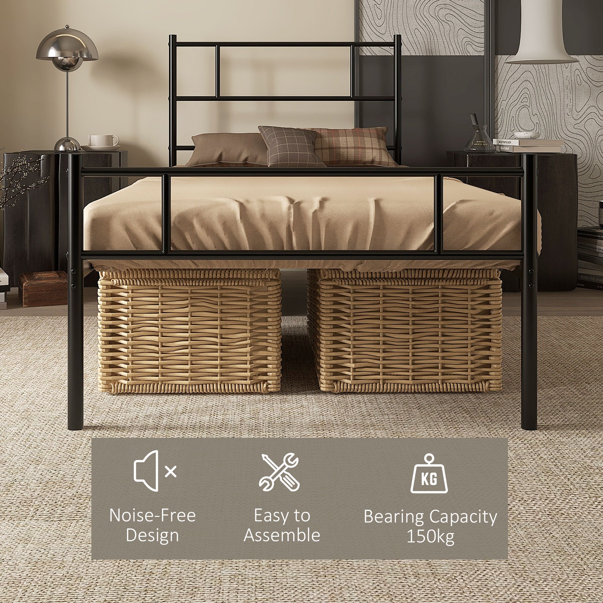 HOMCOM Single Metal Bed Frame Solid Bedstead Base with Headboard and Footboard, Metal Slat Support and Underbed Storage Space, Bedroom Furniture, Black - North Peak Garden Furniture