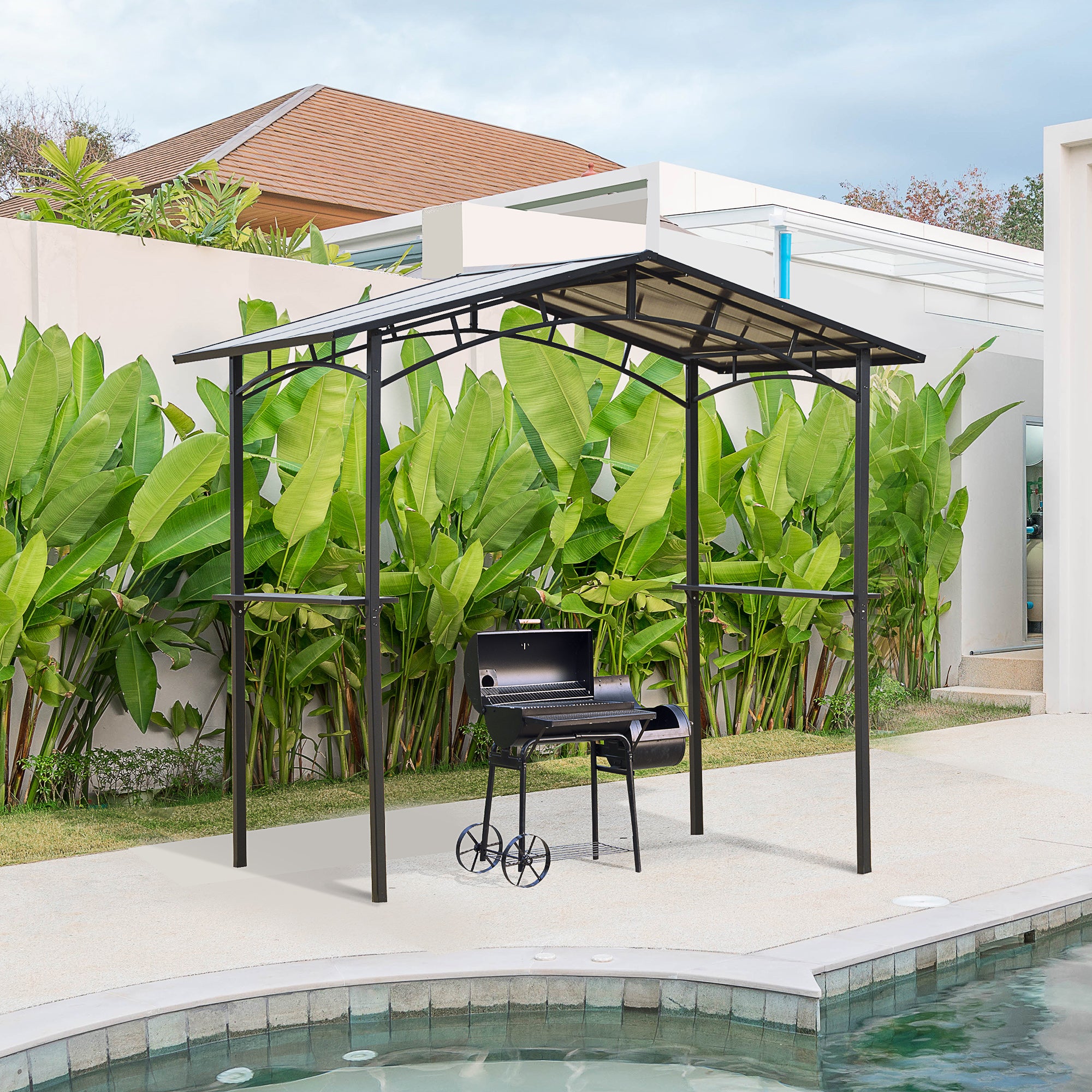 Outsunny 8ft x 5ft Outdoor BBQ Protective Gazebo Tent Aluminium Steel Frame w/ 2 Shelves Hardtop Roof Canopy Ground Stakes Safe Cooking - North Peak Garden Furniture