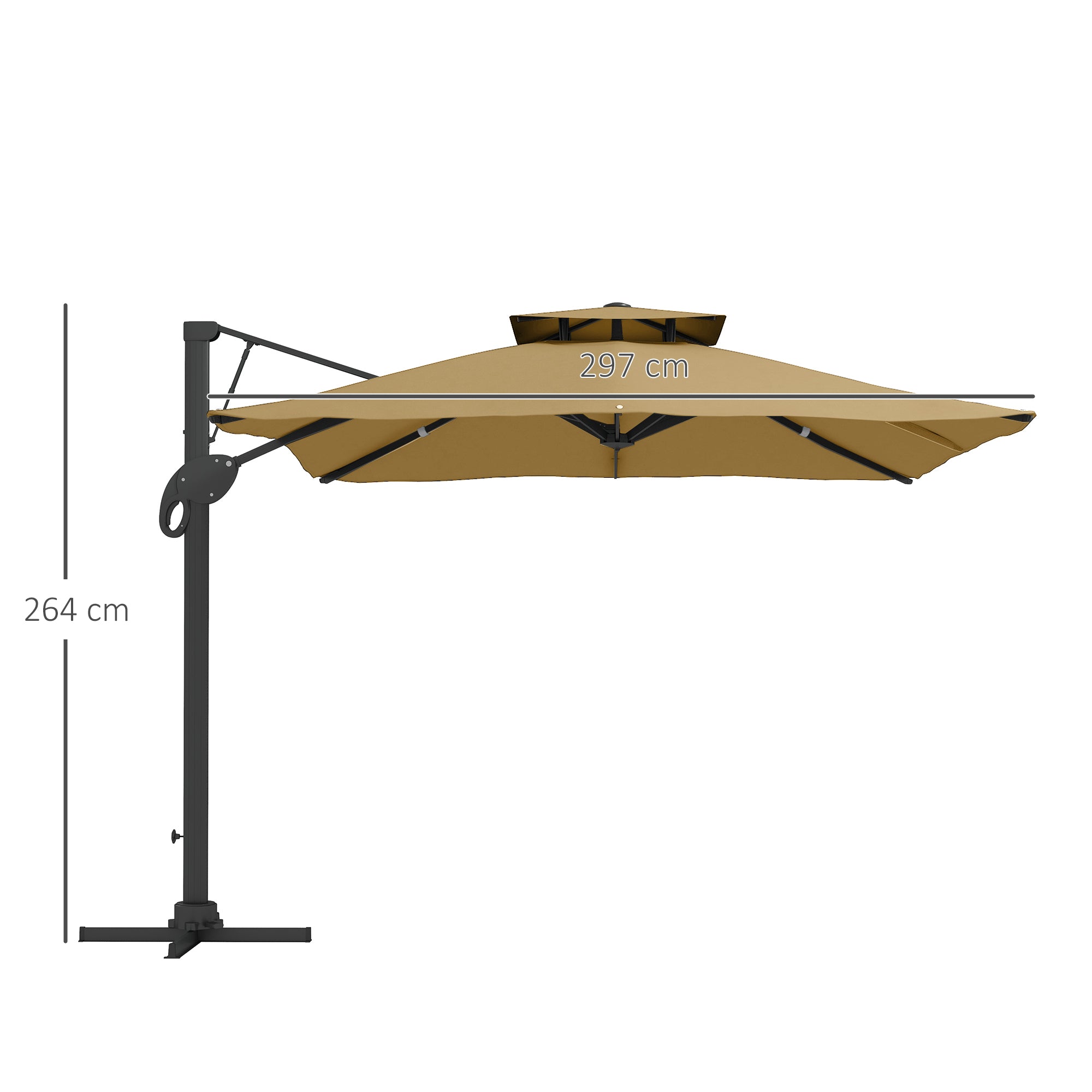 Outsunny Garden Parasol, 3(m) Cantilever Parasol with Hydraulic Mechanism, Dual Vented Top, 8 Ribs, Cross Base, Khaki - North Peak Garden Furniture