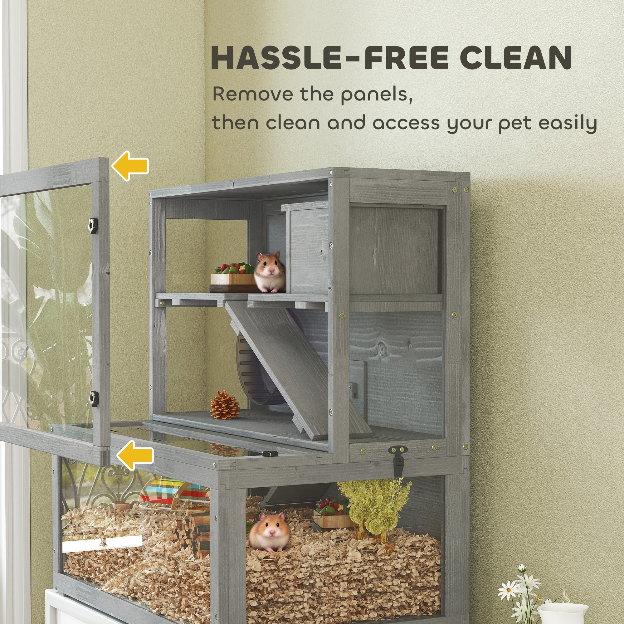 PawHut Wooden Hamster Cage with Hut, Wheel, Ramps, Removable Viewing Panels, 80 x 50 x 84 cm, Grey