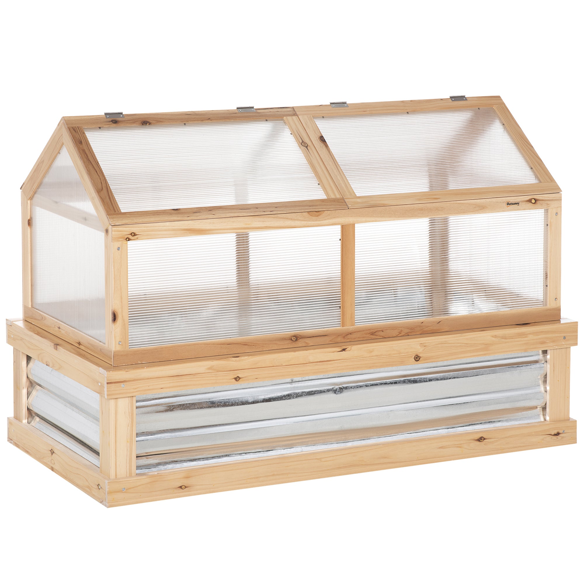 Outsunny Raised Garden Bed with Greenhouse Top, Garden Wooden Cold Frame Greenhouse Flower Planter Protection with 2 Independent Roofs, 122x 61 x 82cm, Natural - North Peak Garden Furniture