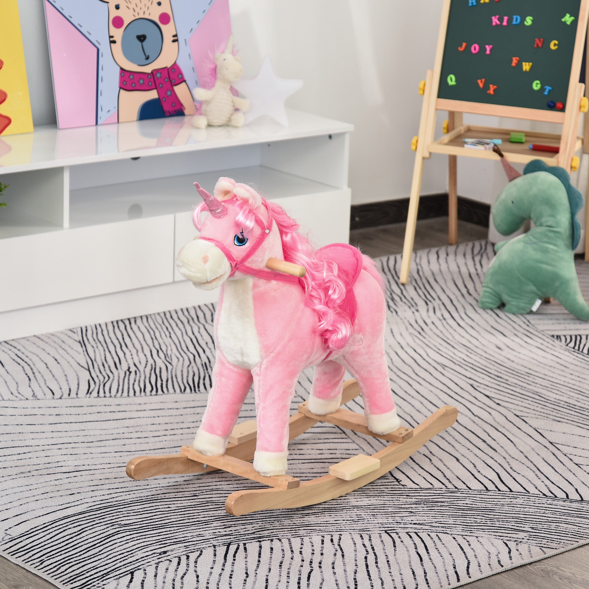 HOMCOM Kids Plush Rocking Horse Ride On Unicorn w/ Sound Moving Mouth Wagging Tail Children Rocker Toy Gift 3-6 Years Pink