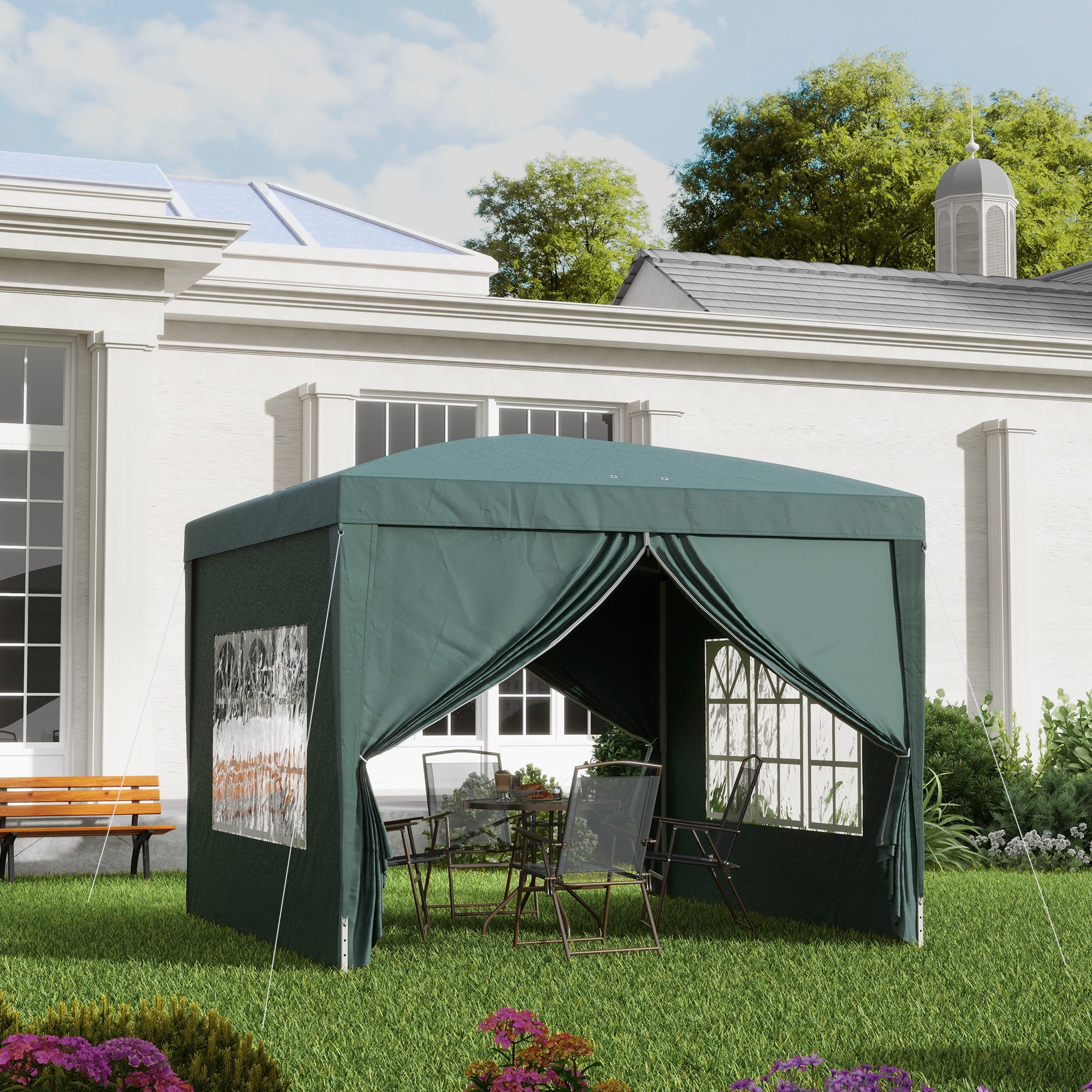 Outsunny 3 x 3m Pop Up Gazebo, Wedding Party Canopy Tent Marquee with Carry Bag and Windows, Green - North Peak Garden Furniture