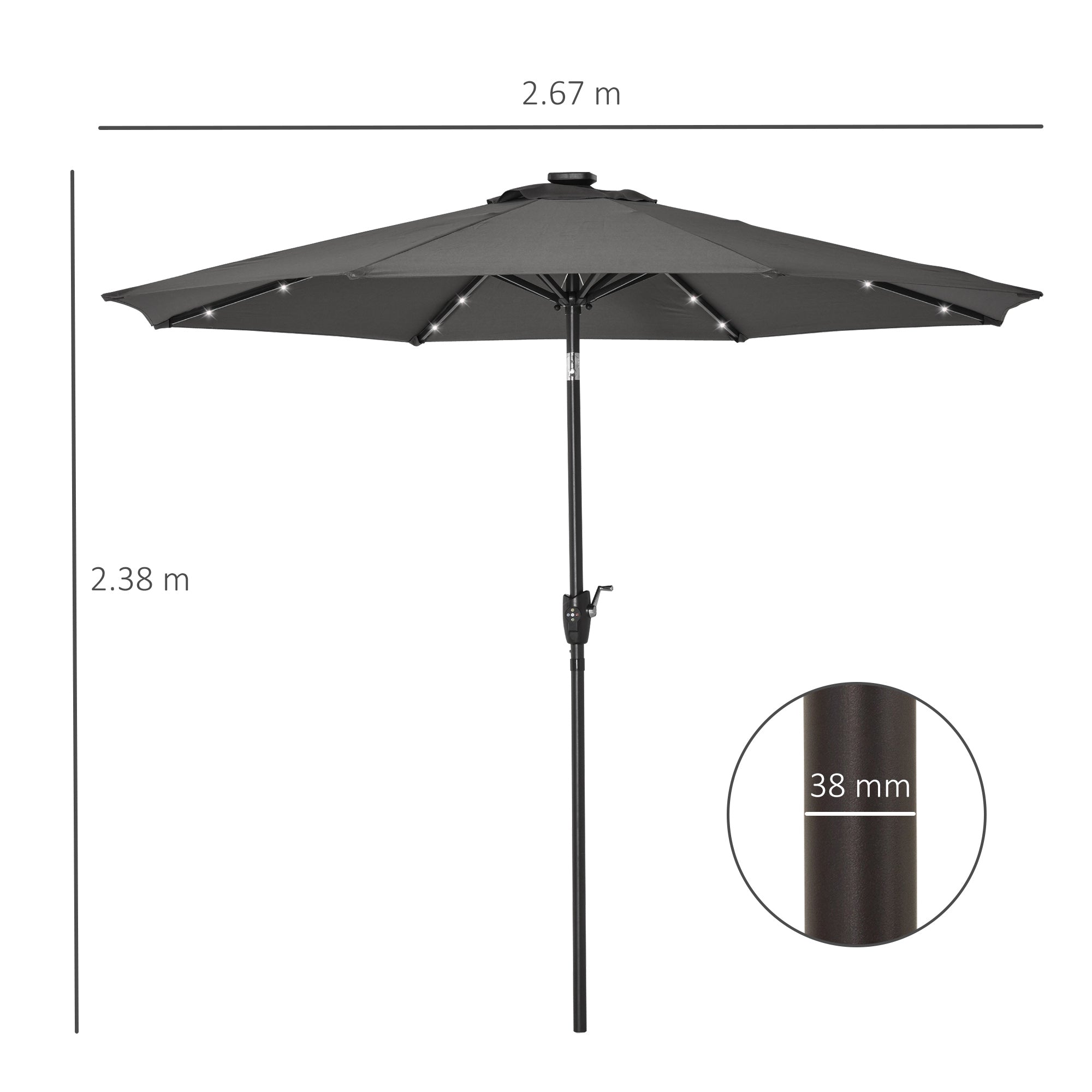 Outsunny Φ2.7m Garden 24 LED Light Parasol Solar Outdoor Tilt Sun Umbrella Patio Club Party Event Manual Sun Shade w/ Hand Crank and 8 Ribs, Grey - North Peak Garden Furniture