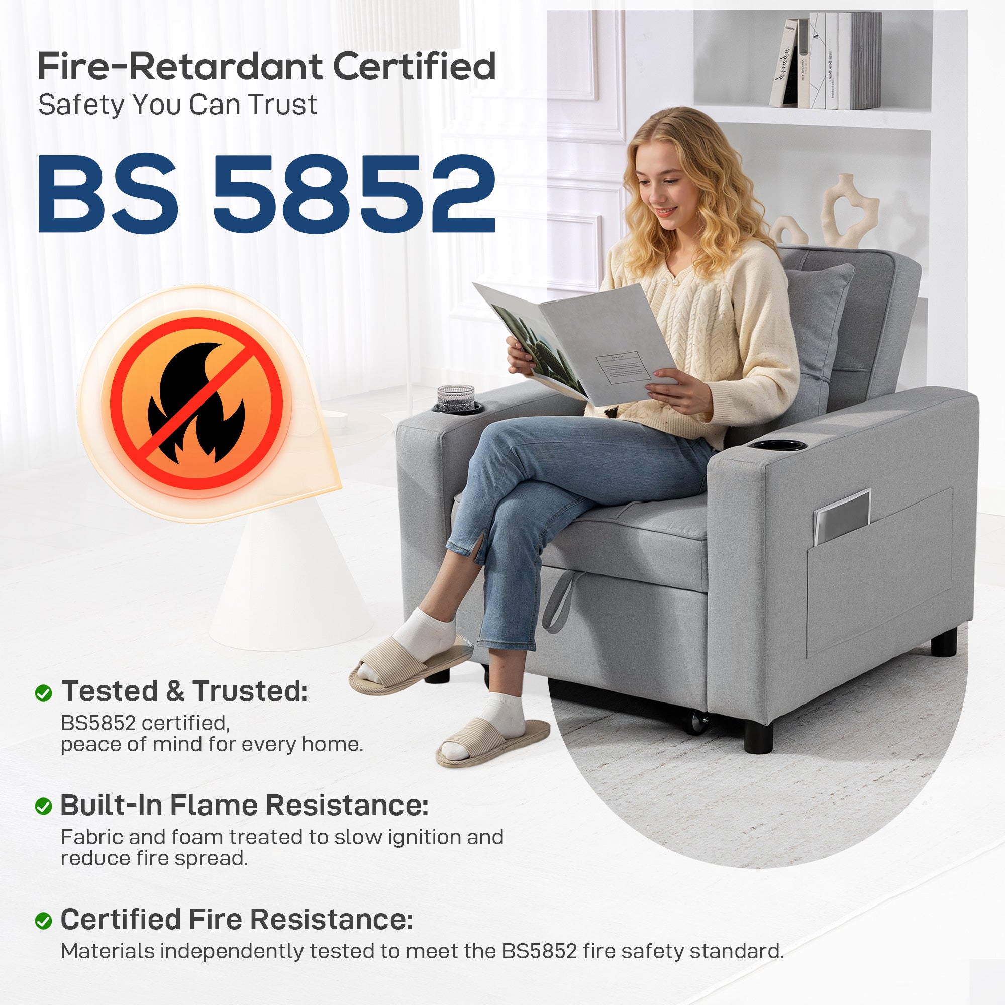 HOMCOM 3-in-1 Single Sofa Bed, Convertible Sleeper Chair Bed - Light Grey