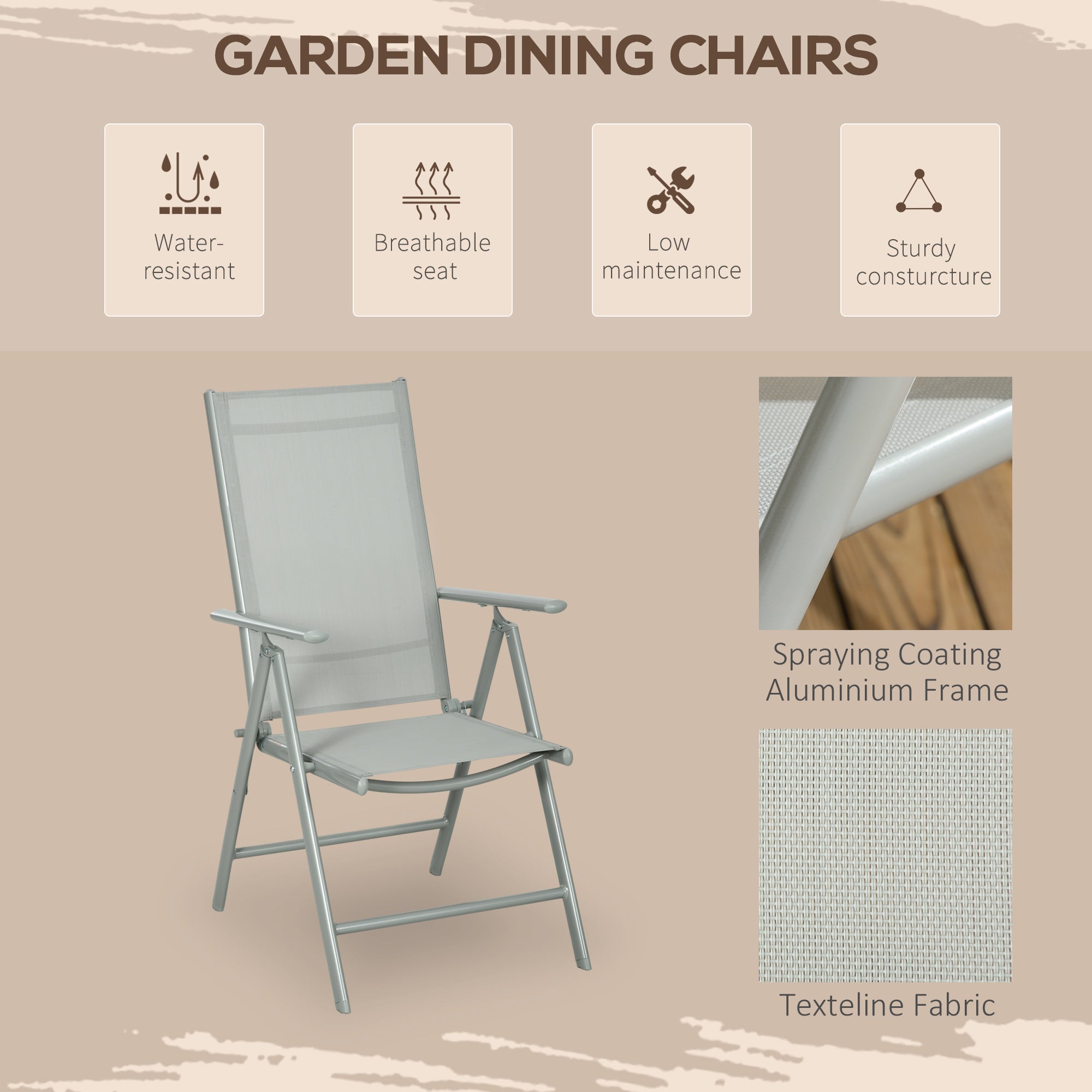 Outsunny 7 Piece Garden Dining Set, Outdoor Table and 6 Folding and Reclining Chairs, Aluminium Frame, Tempered Glass Top Table, Texteline Seats, Grey - North Peak Garden Furniture