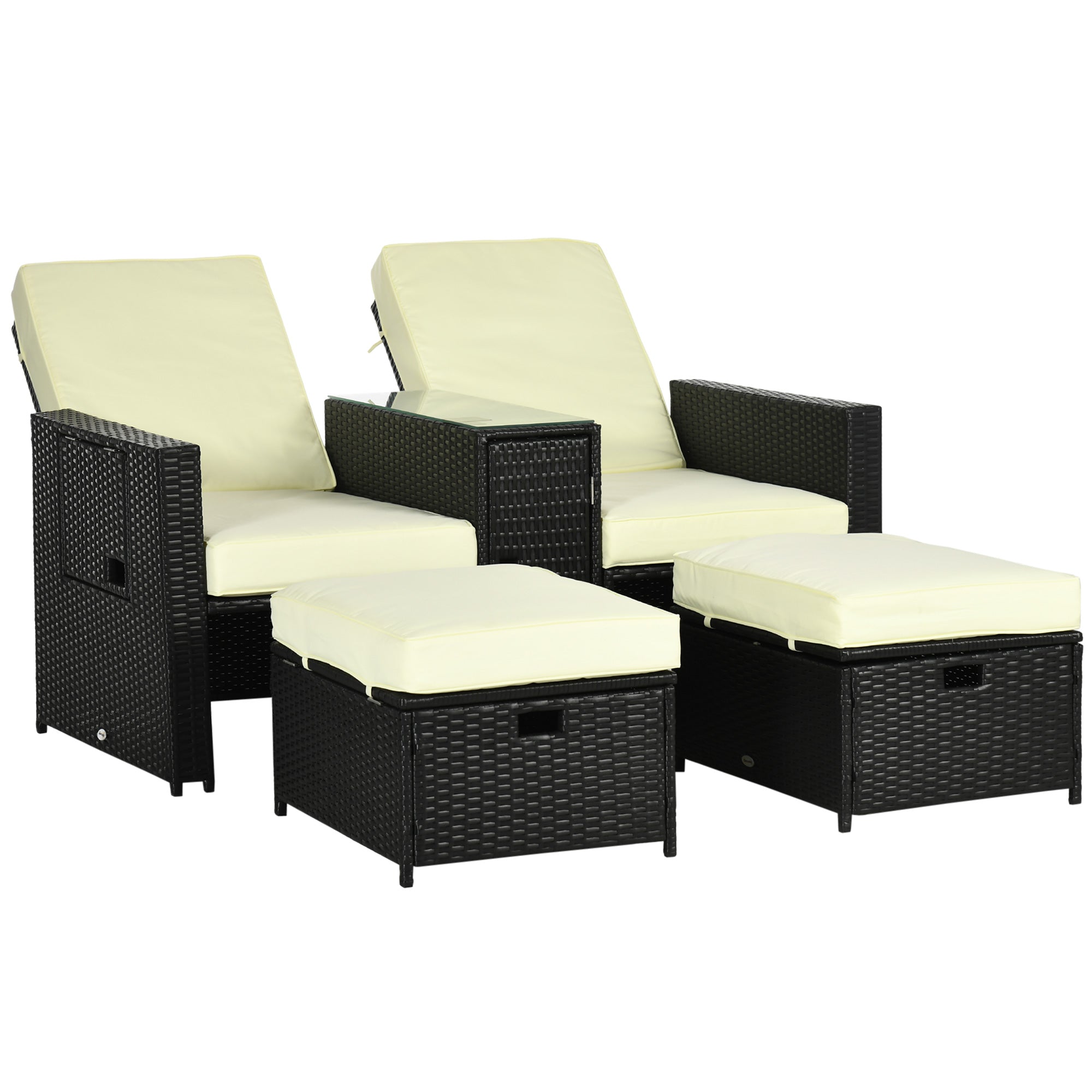 Outsunny 5PC PE Rattan Sun Lounger, Outdoor Wicker 5-level Adjustable Recliner Sofa Bed with Storage Side Table and Footstools, for Patio, Garden, Poolside, Black - North Peak Garden Furniture