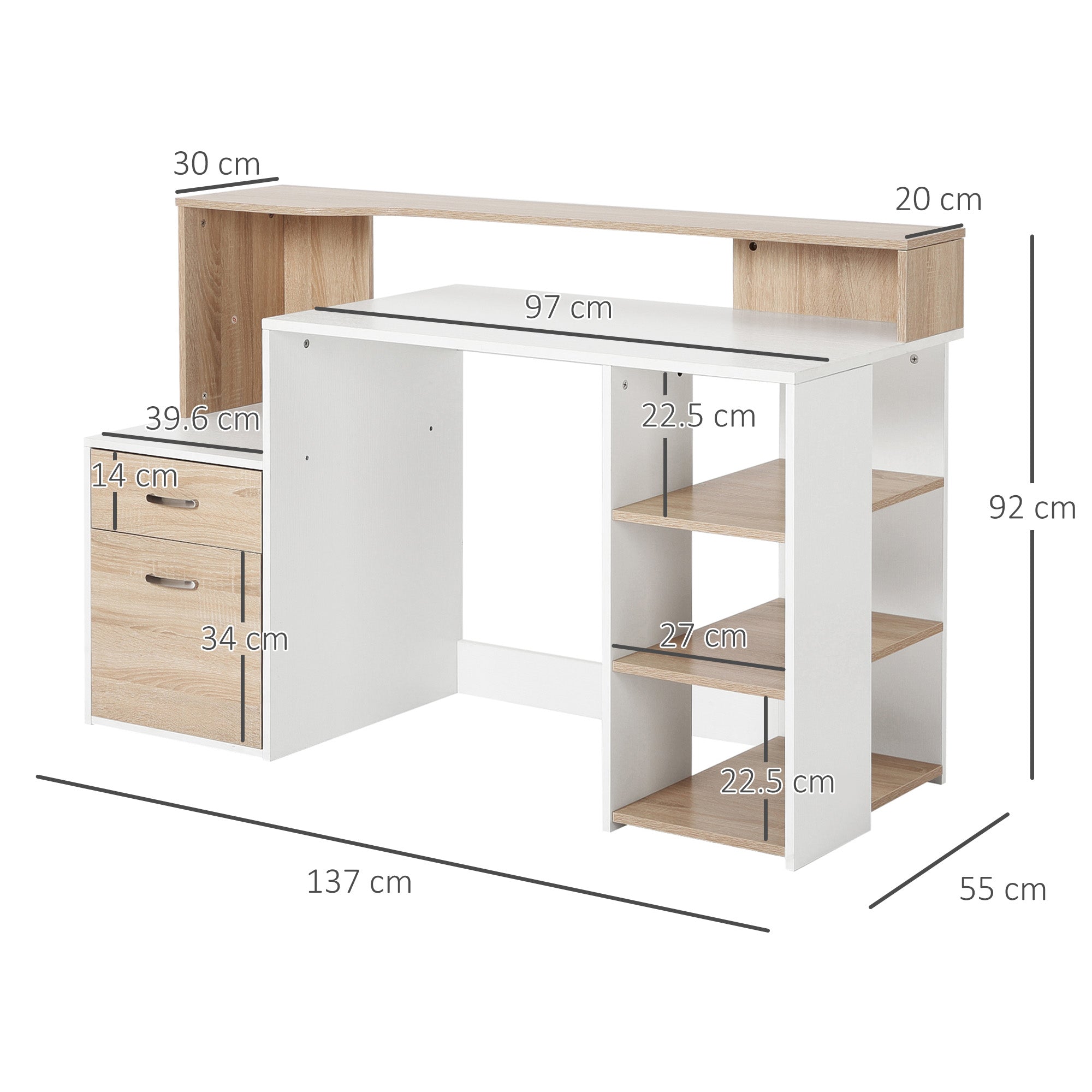 HOMCOM Computer Desk with Drawers and Storage Shelves, Reception Desk, Study Workstation for Home Office, 137 x 55 x 92cm, Oak and White - North Peak Garden Furniture