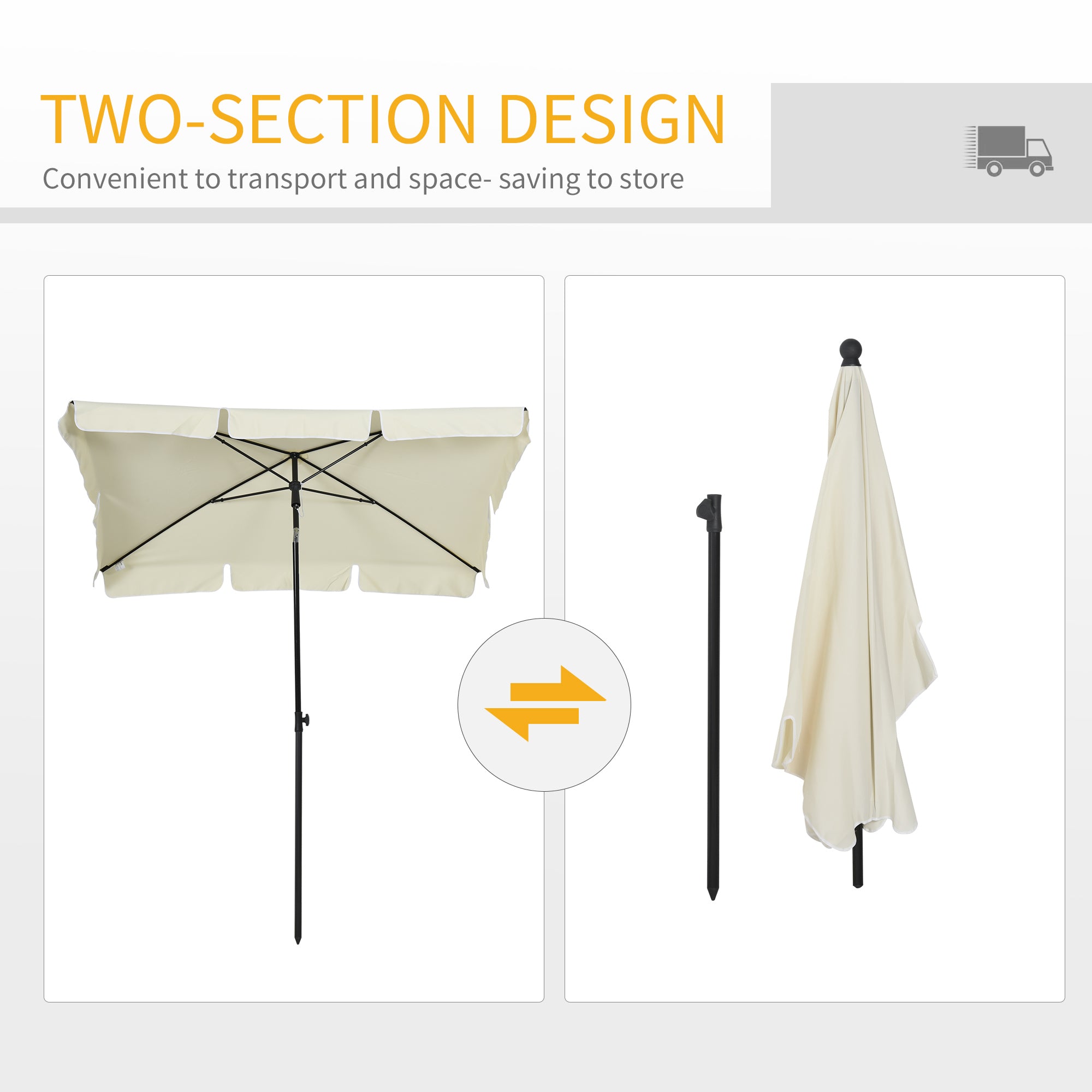 Outsunny Garden Parasol Umbrella, Outdoor Market Table Umbrella with Ruffles & Aluminium Pole, Rectangular Tilting Parasol Sun Shade Canopy, 2 x 1.3m, Cream White - North Peak Garden Furniture