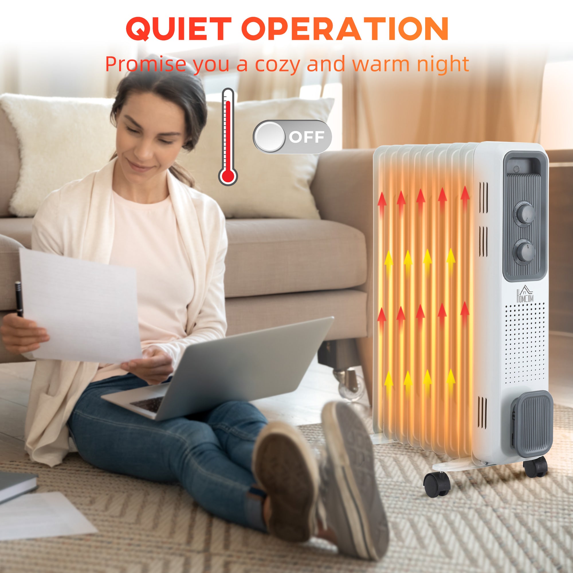 HOMCOM 2000W Oil Filled Radiator, 9 Fin, Portable Electric Heater with 3 Heat Settings, Safety Cut-Off and Wheels, White - North Peak Garden Furniture