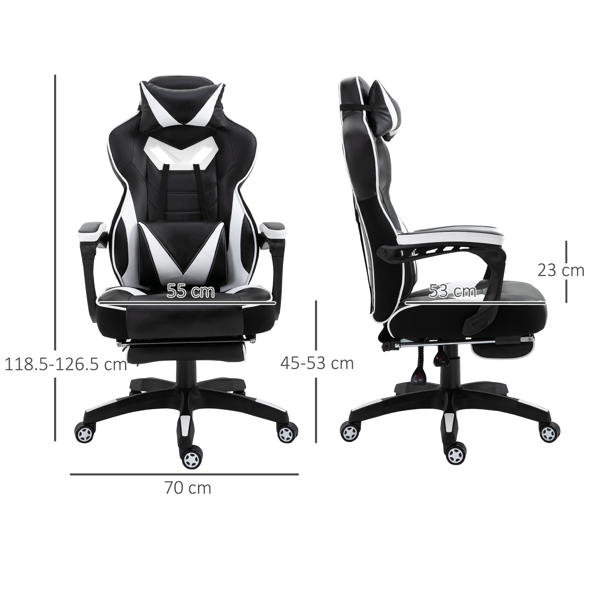 Vinsetto Computer Gaming Chair, Racing Desk Chair with Lumbar Support and Footrest, PU Leather Gamer Chair with Headrest and Swivel Wheels for Home, White - North Peak Garden Furniture