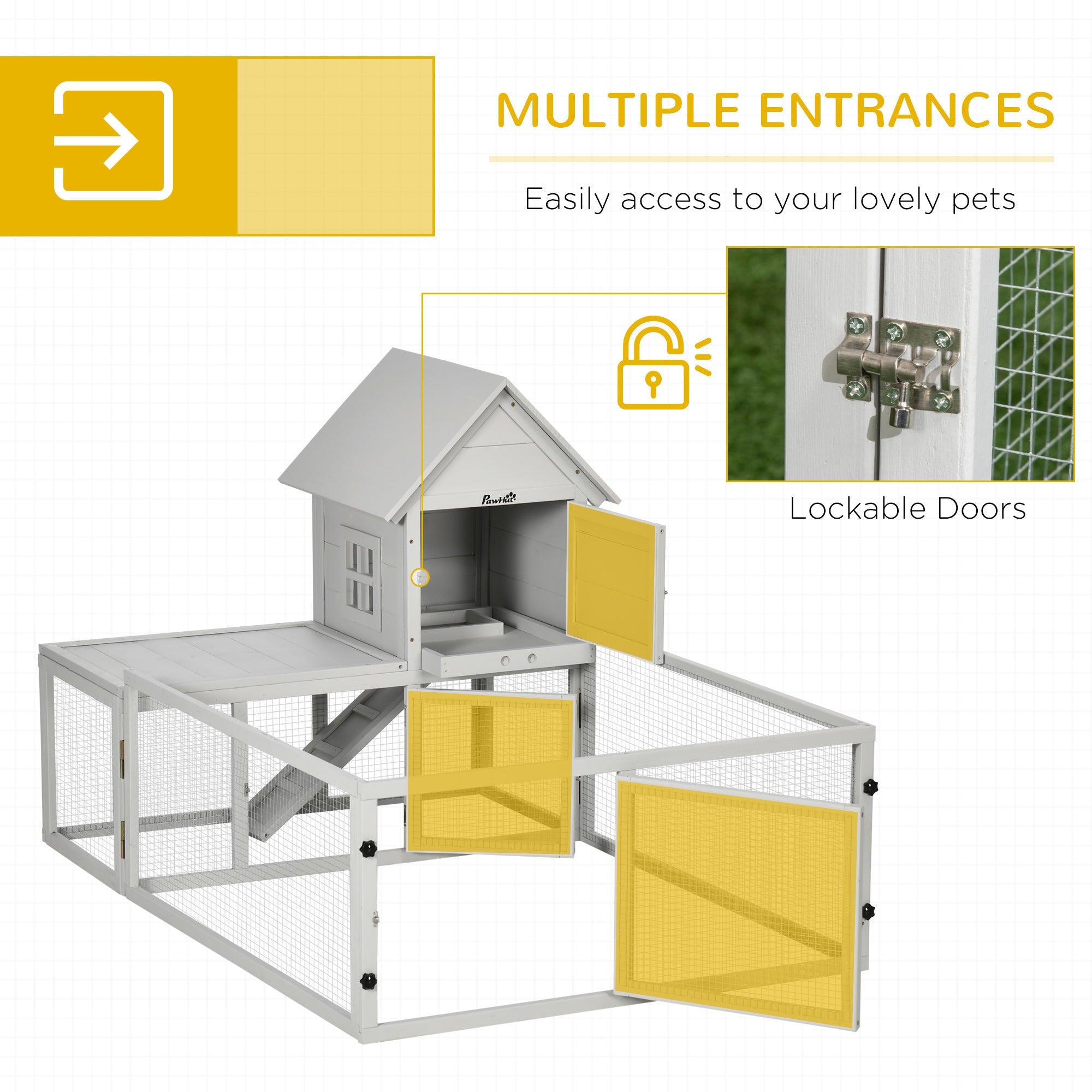 PawHut Indoor Rabbit Hutch, Guinea Pig Cage, with Slide-Out Tray, Large Fenced Area - Light Grey - North Peak Garden Furniture