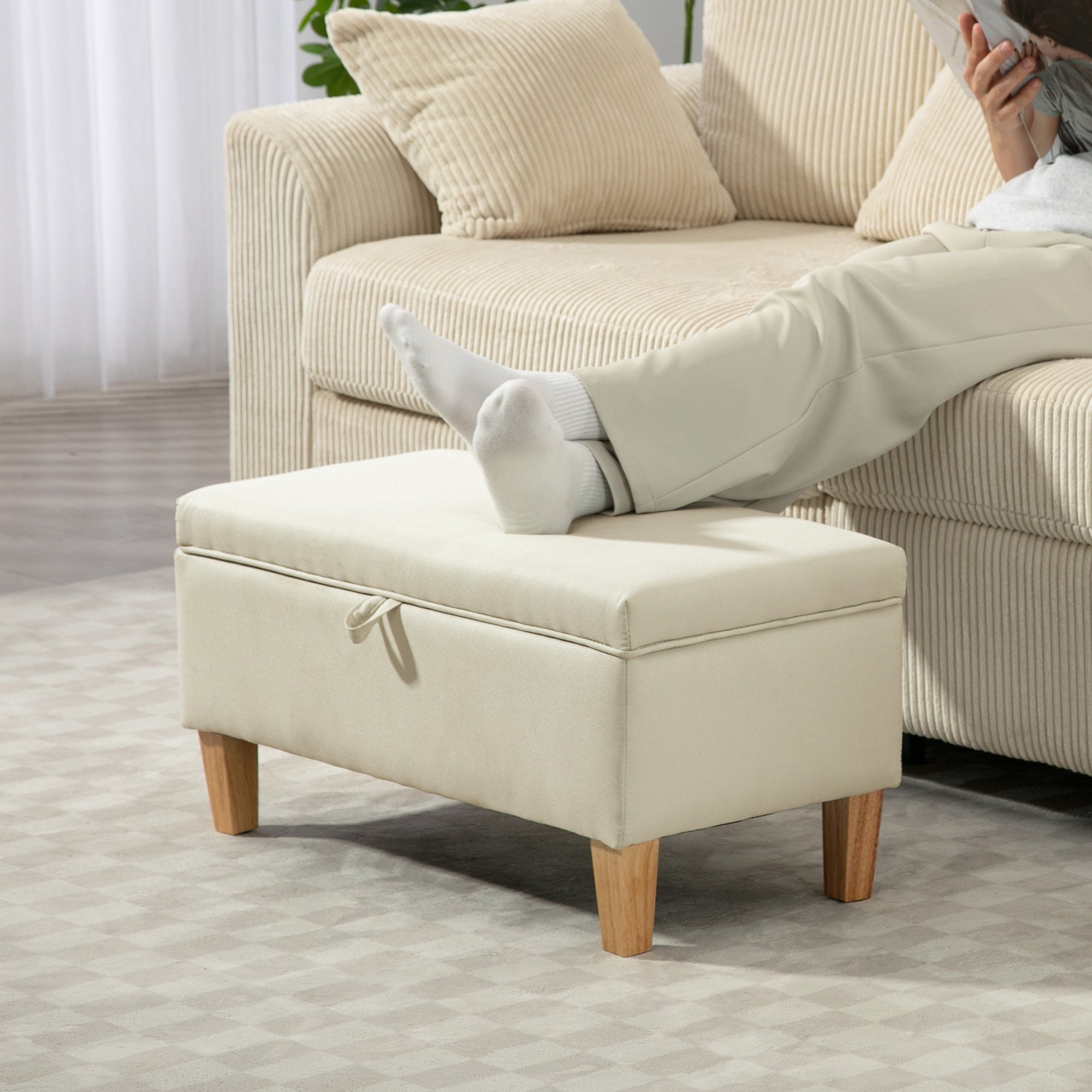 HOMCOM 30L Linen Storage Ottoman Padded Footstool with Rubberwood Legs for Storage Box, Bed End, Shoe Bench, Seating, Beige