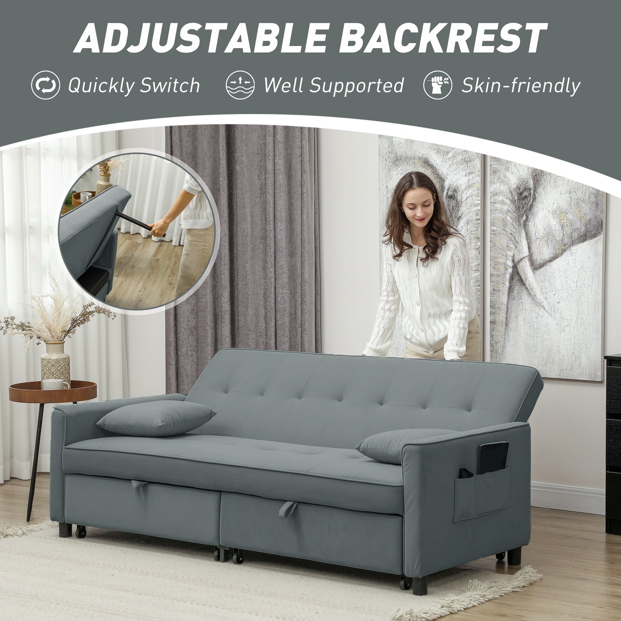 HOMCOM Three-Person Velvet-Feel Sofa Bed - Grey - North Peak Garden Furniture