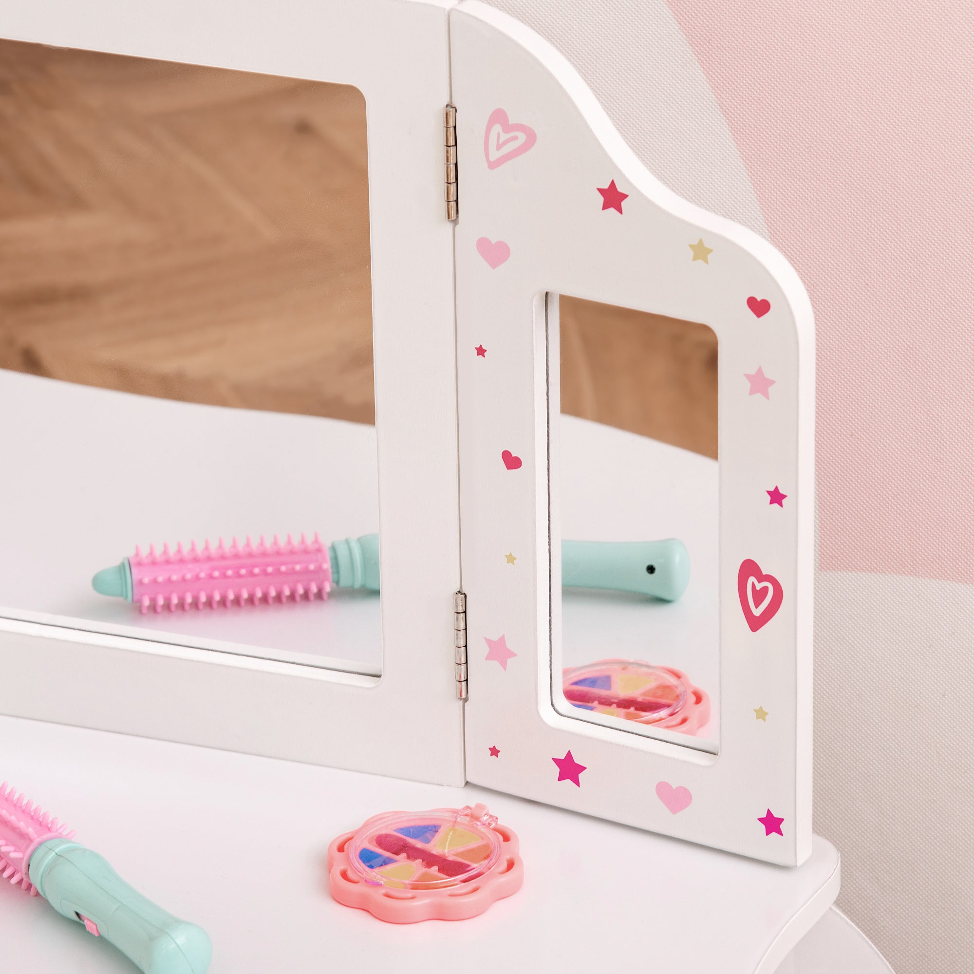 HOMCOM Kids Vanity Table & Stool Girls Dressing Set Make Up Desk Chair Dresser Play Set with Rotatable Mirrors Drawer Star & Heart Pattern White - North Peak Garden Furniture