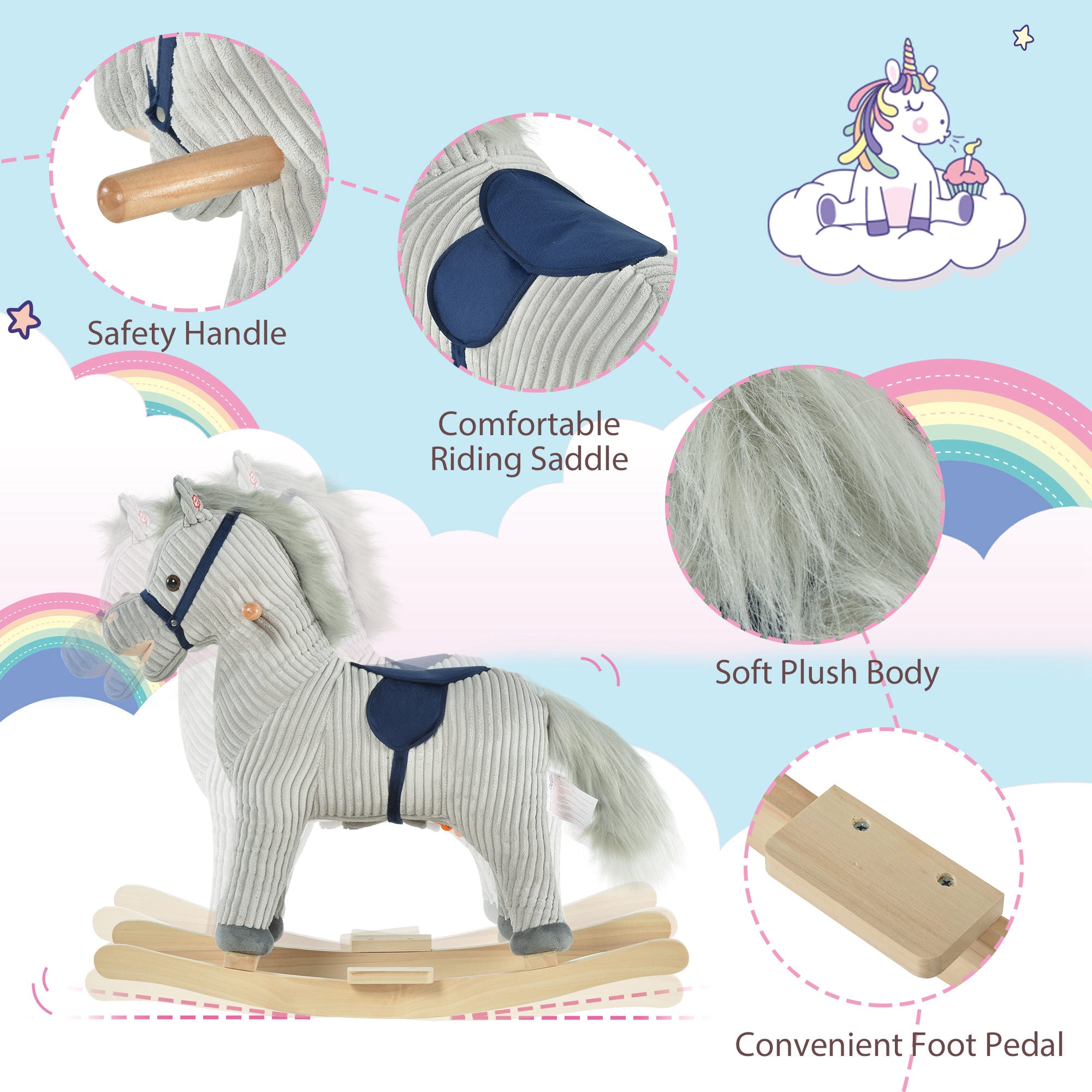 HOMCOM Kids Plush Rocking Horse w/ Sound Children Rocker Ride On Toy Gift 3-6 Years Grey