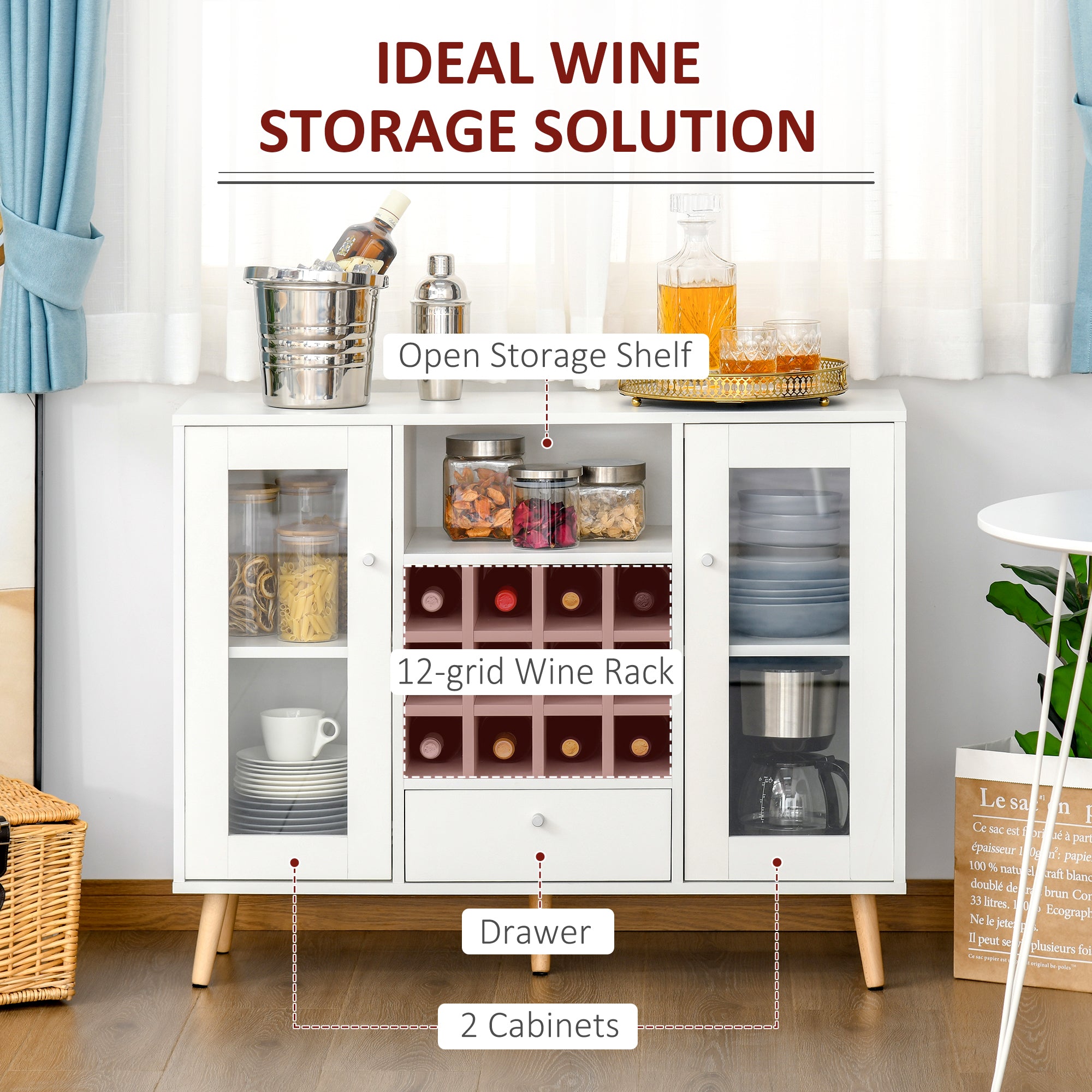 HOMCOM Modern Sideboard Storage Cabinet Kitchen Cupboard Dining Bar Server with Glass Doors, Drawer & 12-Bottle Wine Rack for Living Room, White - North Peak Garden Furniture