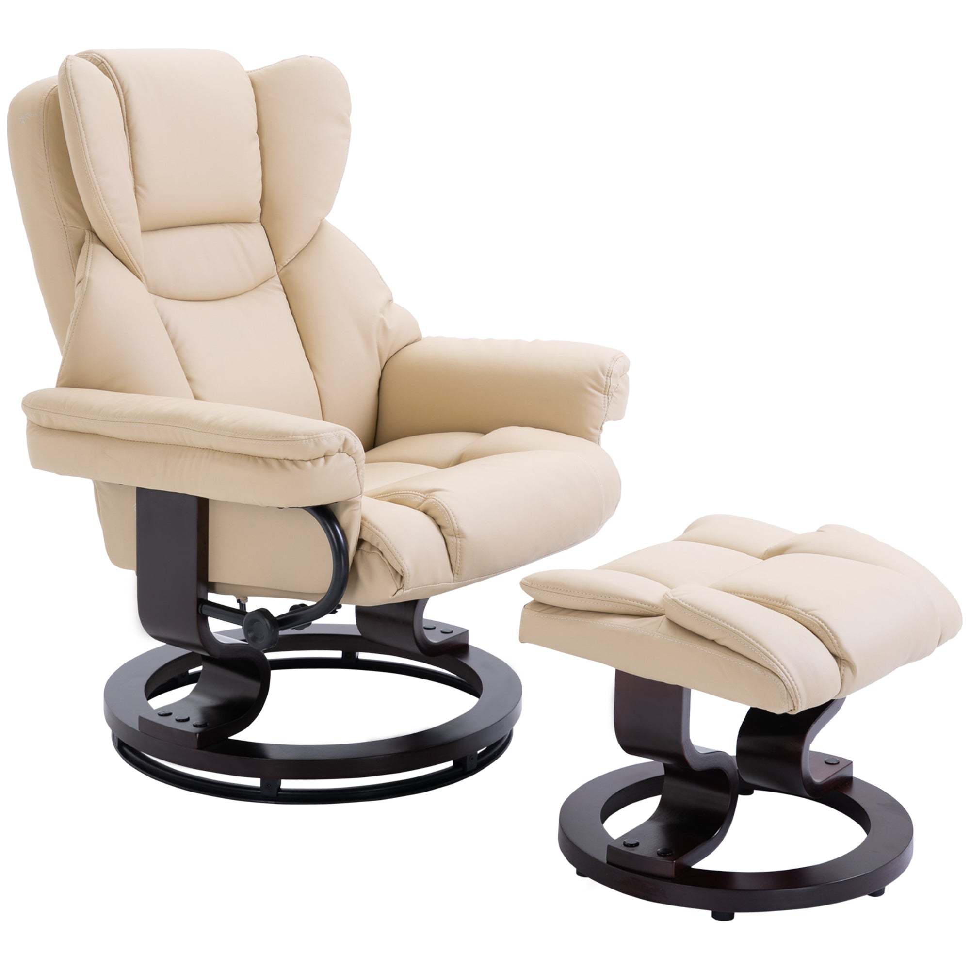 HOMCOM Faux Leather Recliner Chair and Footstool, Swivel Upholstered Armchair and Footstool with Adjustable Backrest, Solid Wood Base for Living Room, Cream - North Peak Garden Furniture