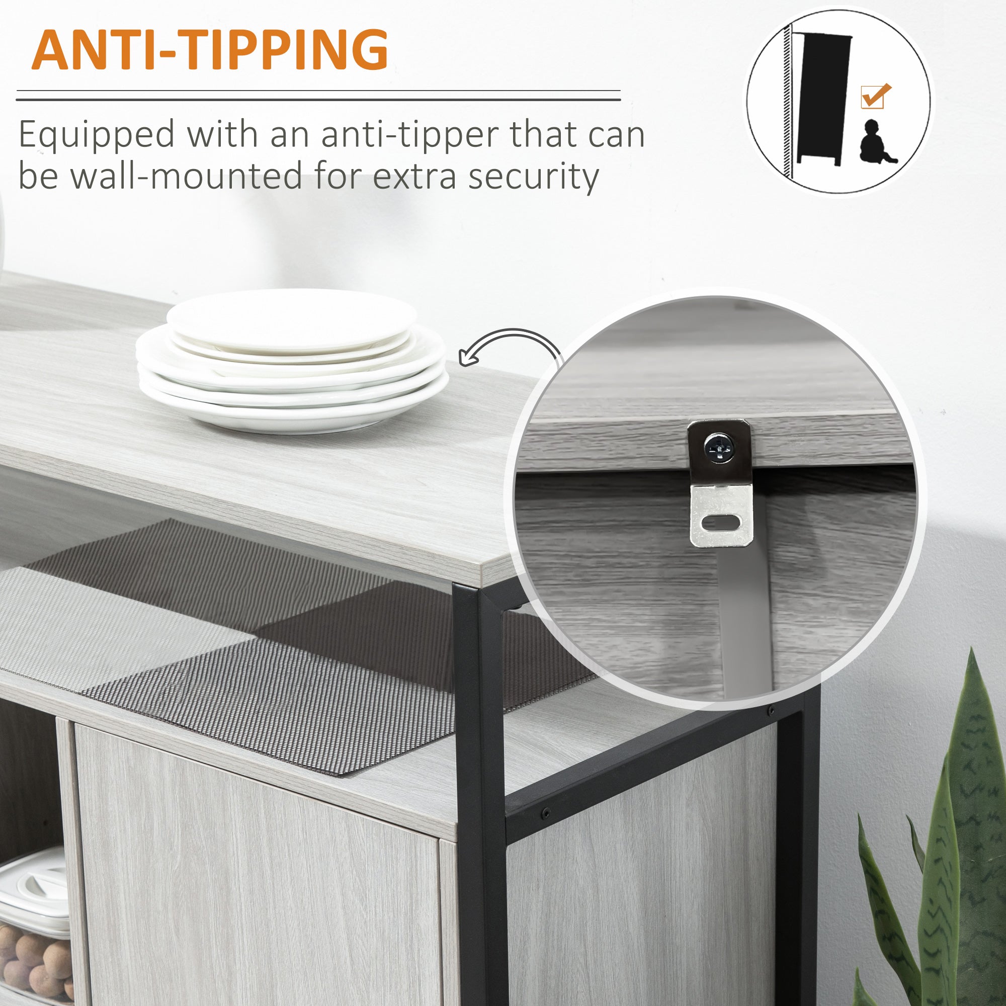 HOMCOM Modern Sideboard, Steel Frame Storage Cabinet with 2 Doors and Adjustable Shelves for Living Room, Hallway, Light Grey - North Peak Garden Furniture
