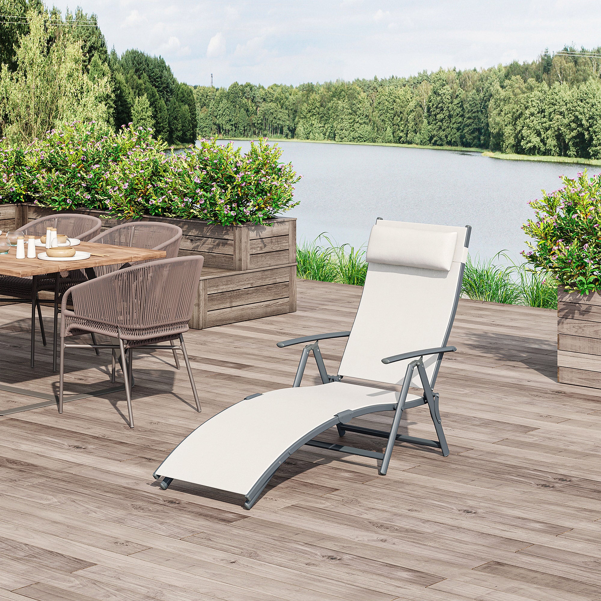 Outsunny Sun Lounger Steel Frame Outdoor Folding Chaise Texteline Lounge Chair Recliner with Headrest & 7 Levels Adjustable Backrest, Cream White - North Peak Garden Furniture