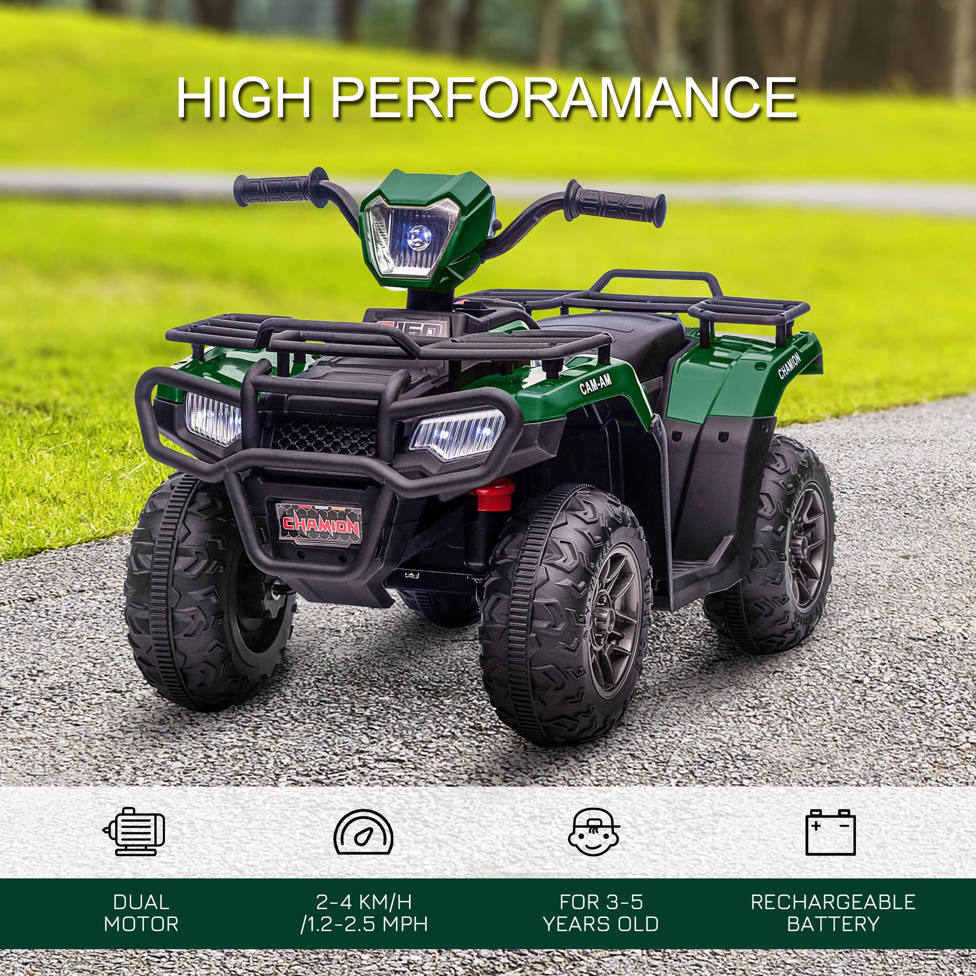 HOMCOM 12V Kids Quad Bike with Forward, Reverse Functions, Ride-On ATV w/ Music, LED, Headlights, for Ages 3-5 Years - Green - North Peak Garden Furniture