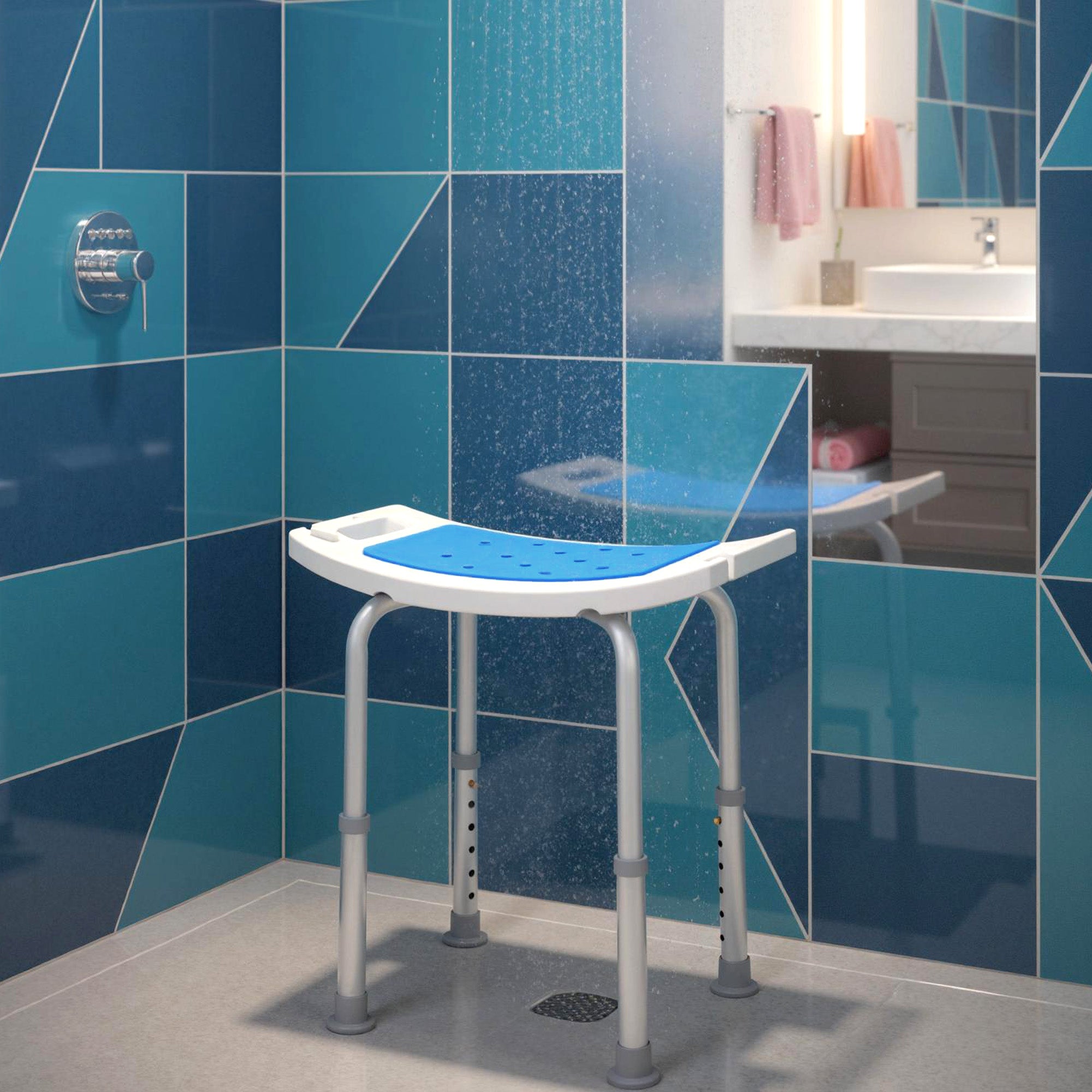 HOMCOM 6-Level Height Adjustable Aluminium Bath Room Stool Chair Shower Non-Slip Design w/ Padded Seat Drainage Holes Foot Pad, Blue